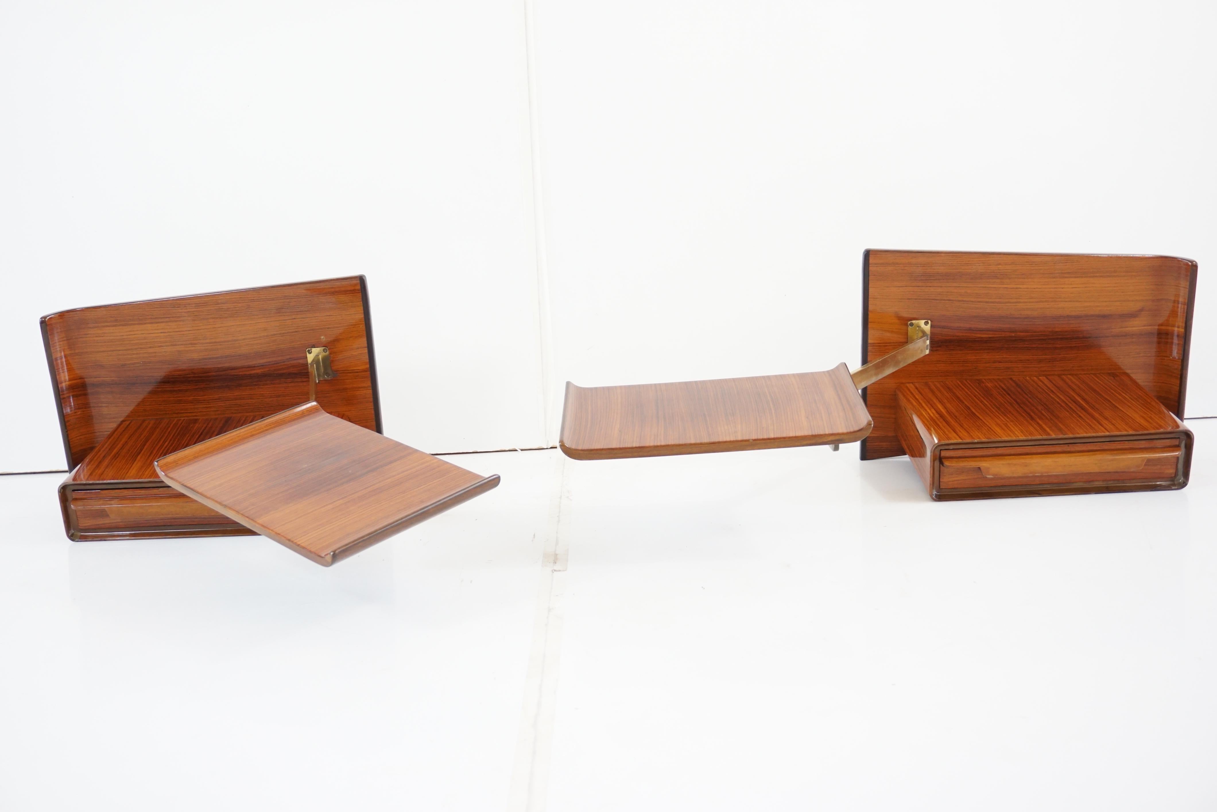 Mid-20th Century Pair of Unique Rosewood Hanging Cavatorta Bedside Tables, Adjustable Shelfs 1950