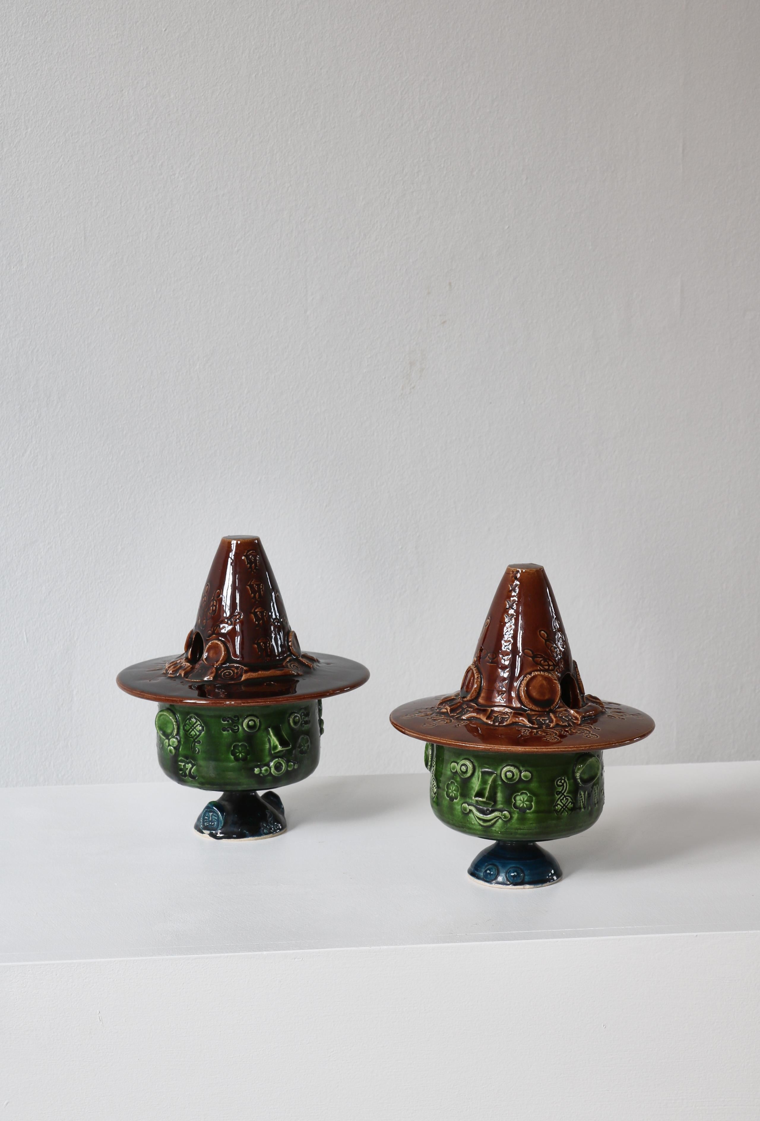 Wonderful pair of unique stoneware vases handmade by Bjørn Wiinblad at his own studio 