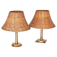 Pair of Unique Table Lamps in Sand Cast Brass with Rattan Shades 1960s