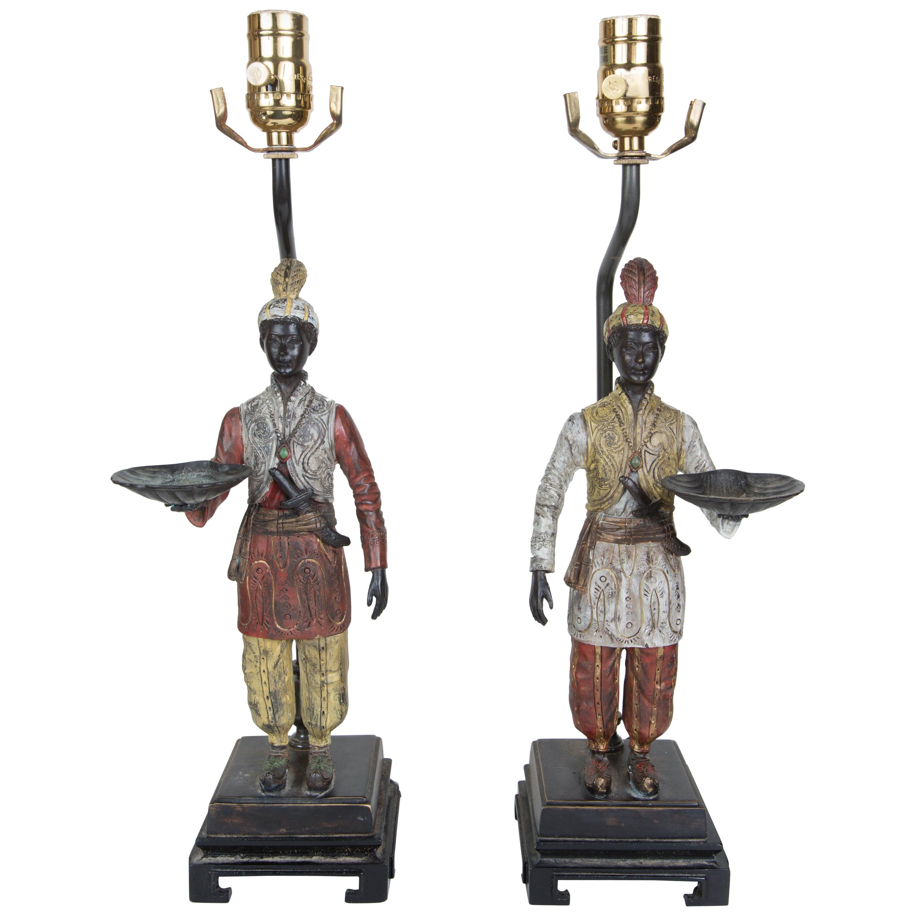 Pair of Unique Table Lamps with Arabian Figurines Holding Abalone Serving Trays