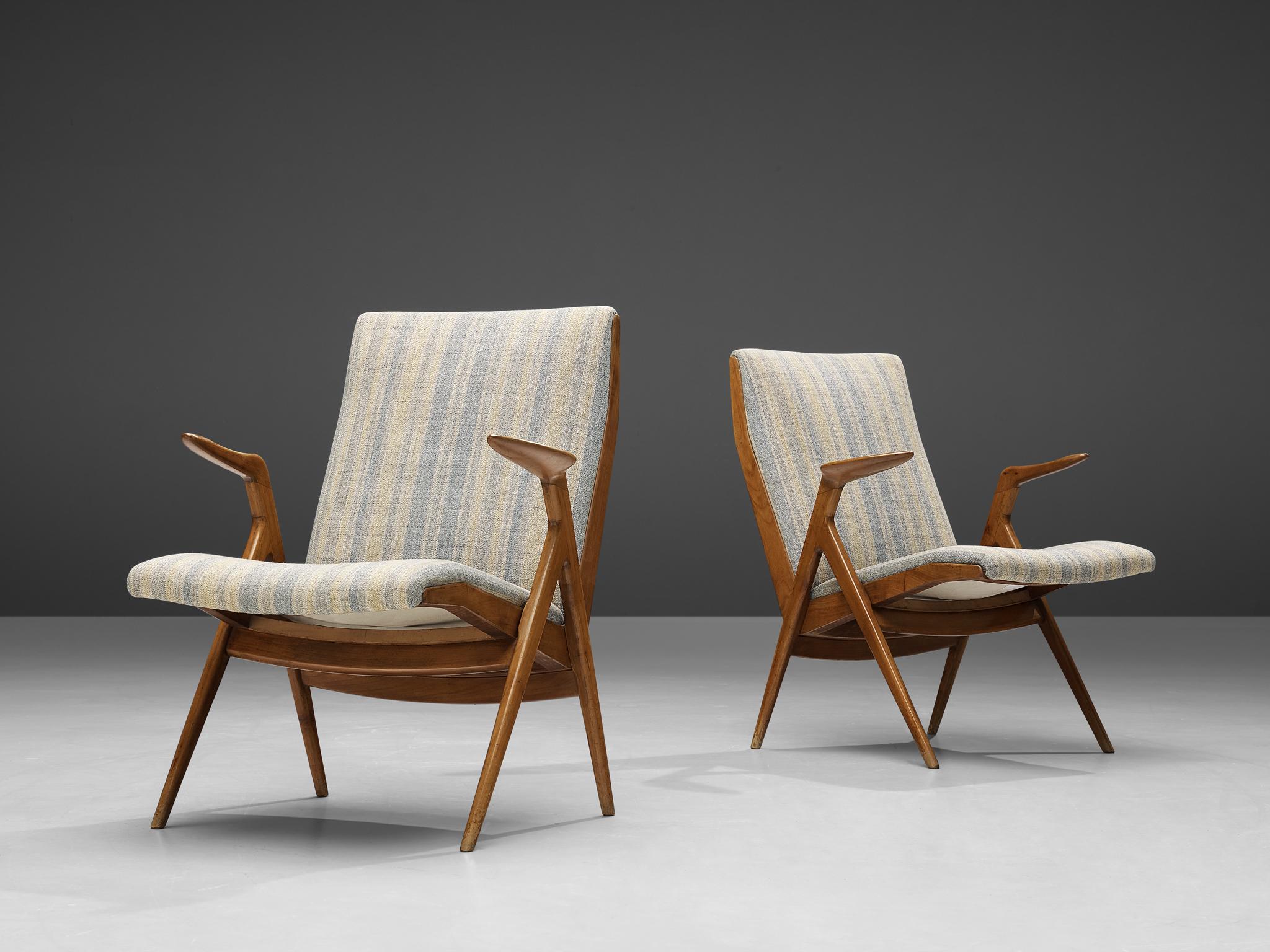 Taichiro Nakay for La Permanente Mobili, lounge chairs, cherry wood, fabric, Italy, 1955 

Taichiro Nakay is an incredibly talented Japanese designer who is mostly known for his participation at the Selettiva del Mobili competition in Cantù. During