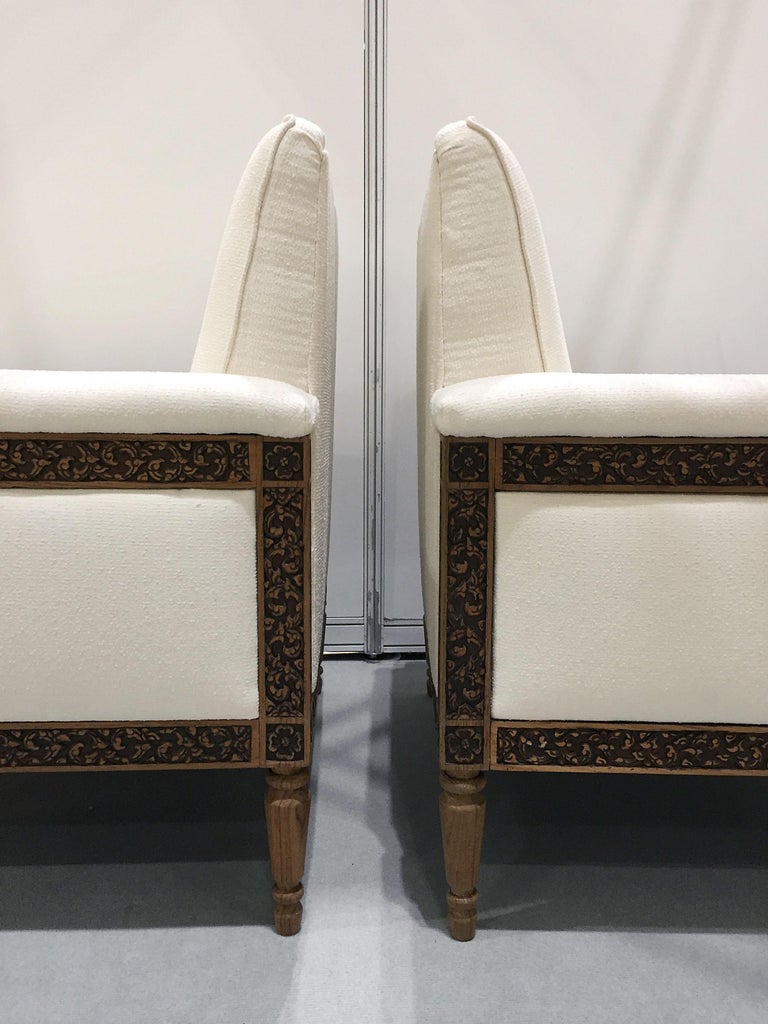 Pair of Unique MidCentury in Art Deco Style Wood Carved Cream Club