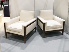 Pair of Unique Mid-Century in Art Deco Style Wood Carved Cream Club Armchairs