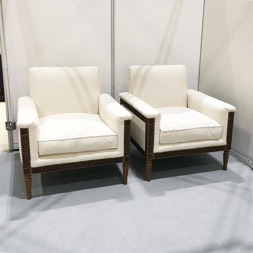 European Pair of Unique Wood Carved Cream Armchairs For Sale