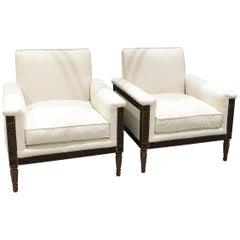 Pair of Unique Mid-Century in Art Deco Style Wood Carved Cream Club Armchairs