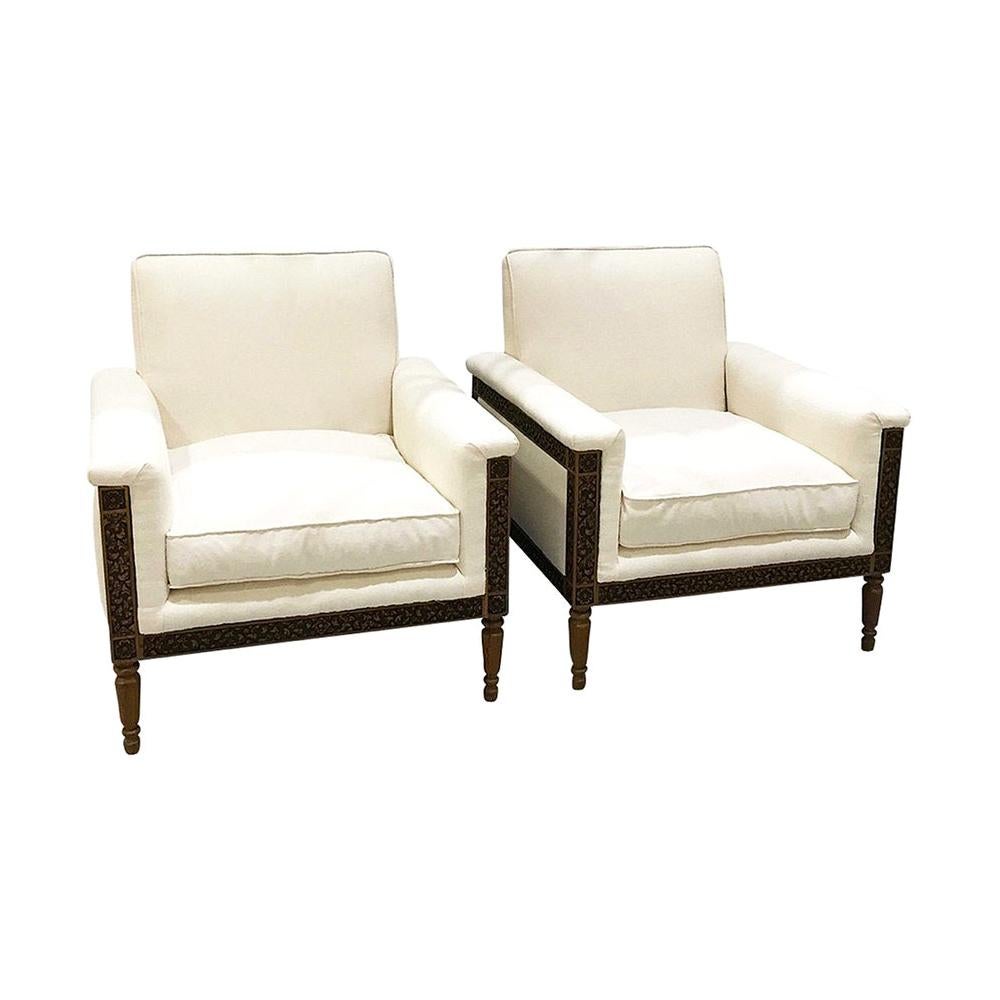 Pair of Unique Wood Carved Cream Armchairs For Sale