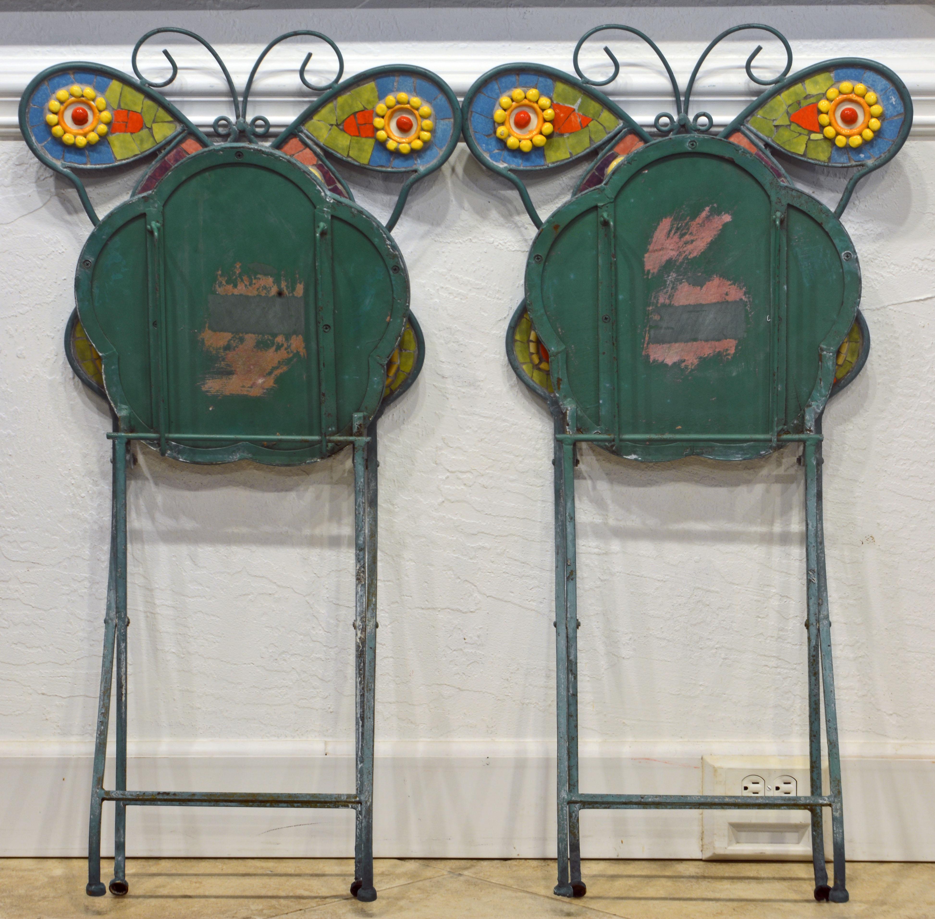 Pair of Uniquely Artful Painted Iron and Inlaid Ceramic Mosaic Butterfly Chairs 9