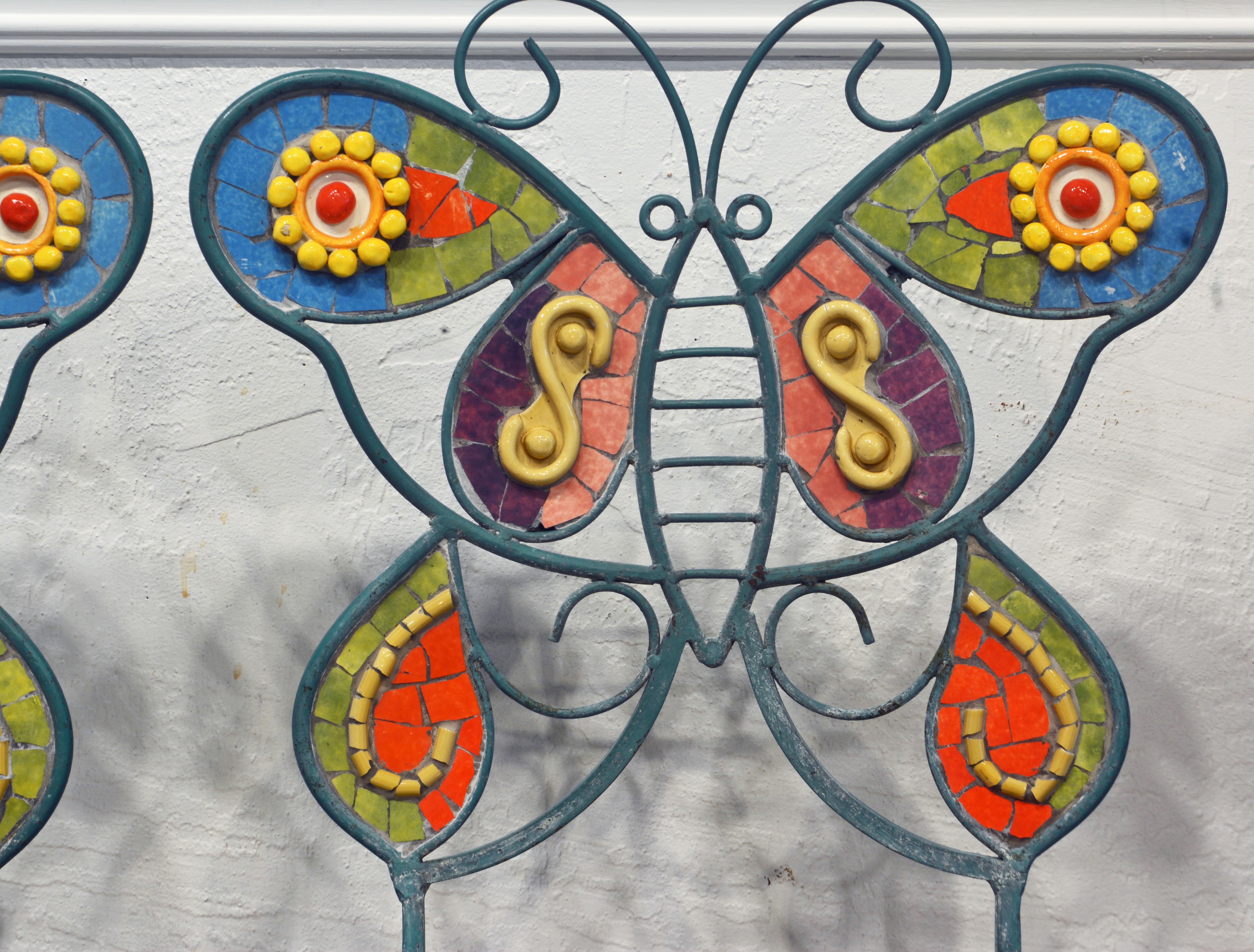 Folk Art Pair of Uniquely Artful Painted Iron and Inlaid Ceramic Mosaic Butterfly Chairs