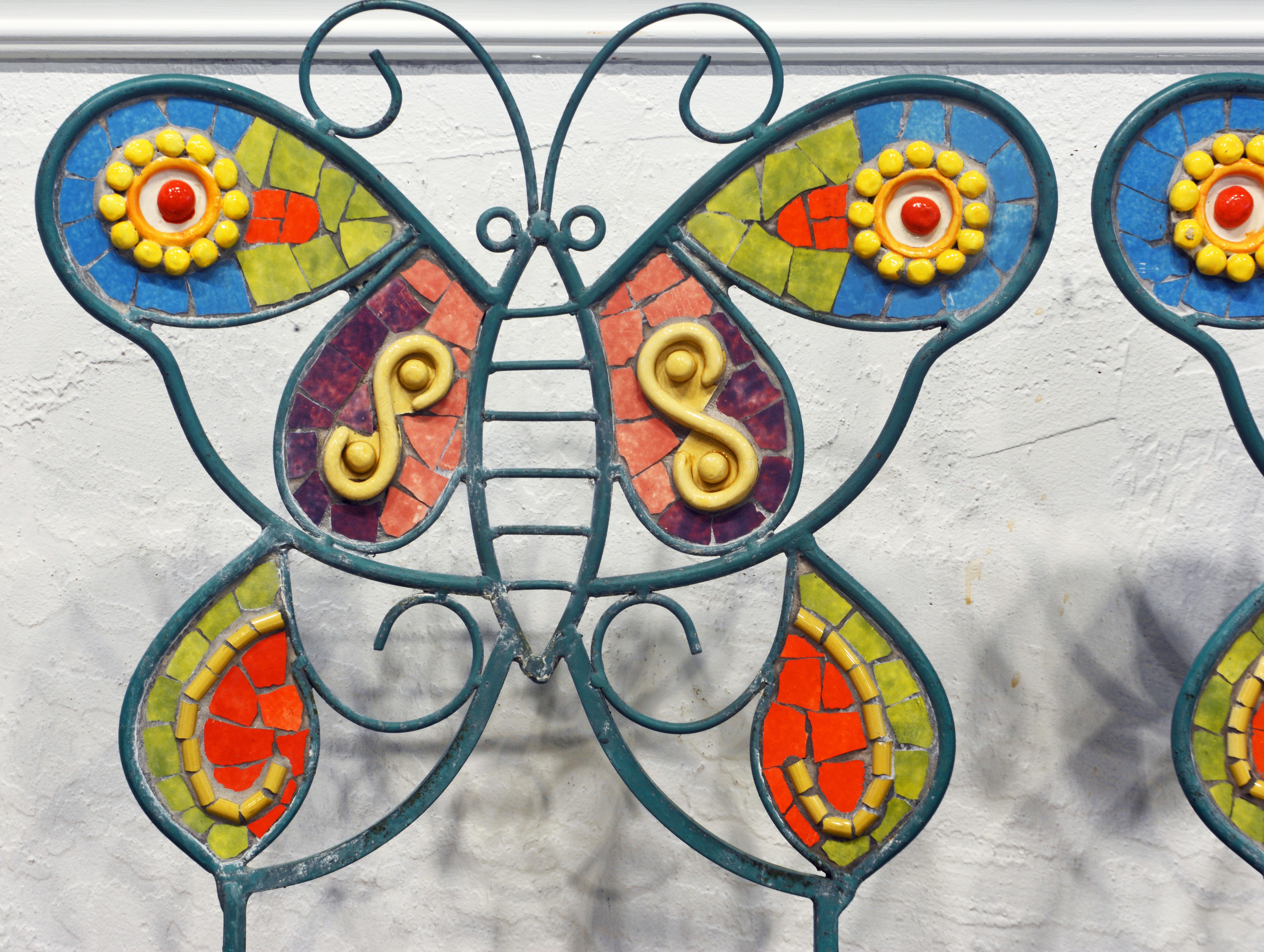 American Pair of Uniquely Artful Painted Iron and Inlaid Ceramic Mosaic Butterfly Chairs