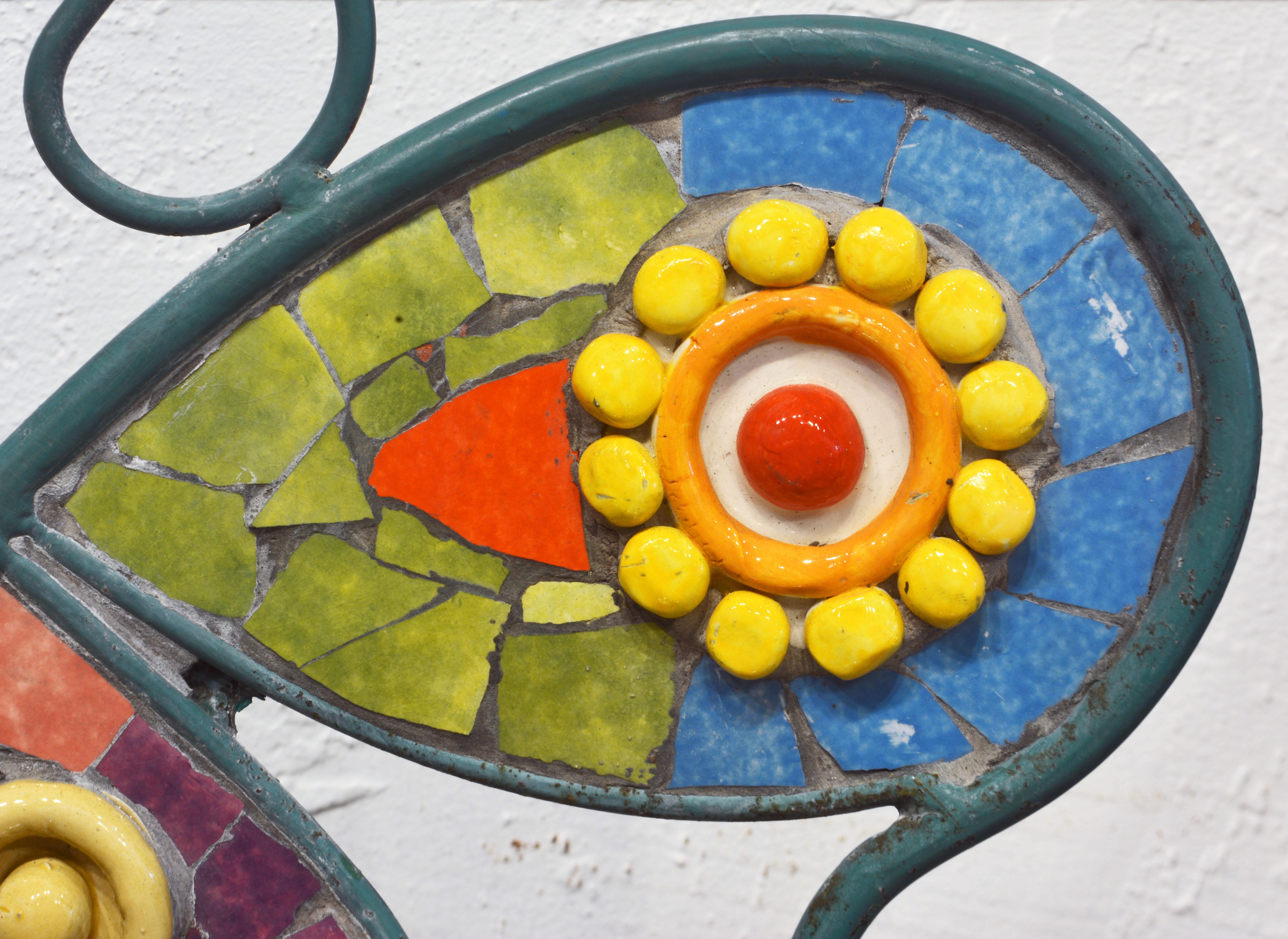 Pair of Uniquely Artful Painted Iron and Inlaid Ceramic Mosaic Butterfly Chairs In Good Condition In Ft. Lauderdale, FL