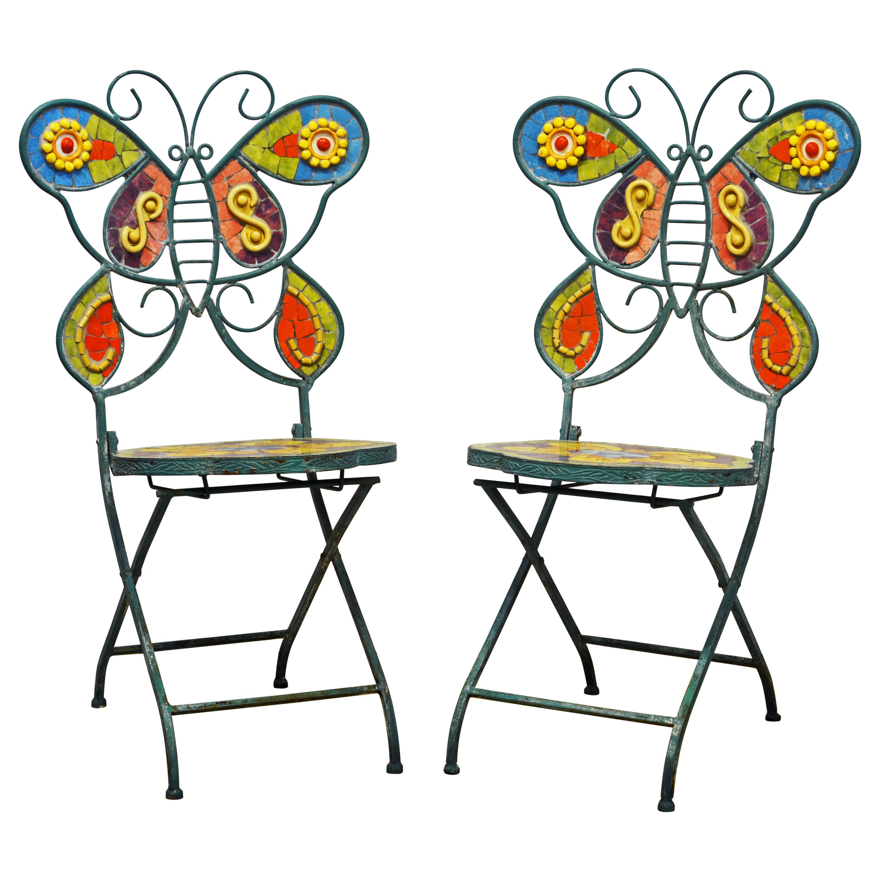 Pair of Uniquely Artful Painted Iron and Inlaid Ceramic Mosaic Butterfly Chairs