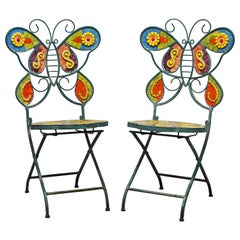 Pair of Uniquely Artful Painted Iron and Inlaid Ceramic Mosaic Butterfly Chairs