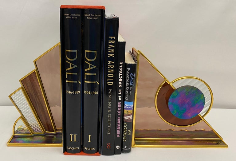 Unmatching Pair of Uniquely Designed Stained Glass and Brass Bookends