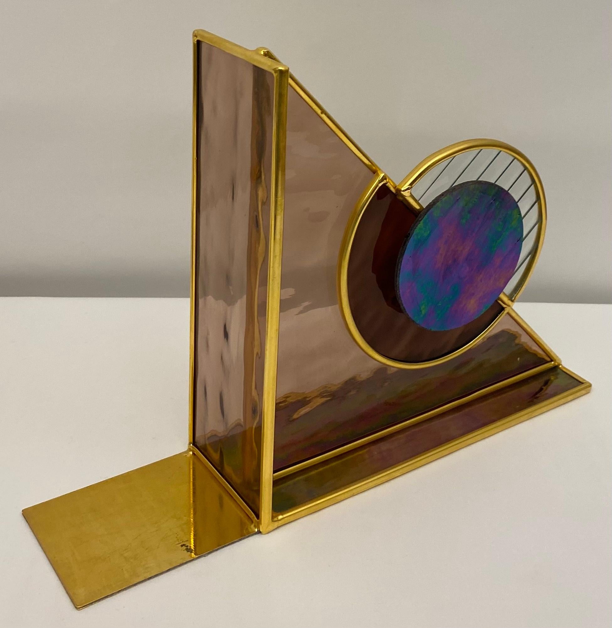 Modern Pair of Uniquely Designed Stained Glass and Brass Bookends, Un-matching For Sale
