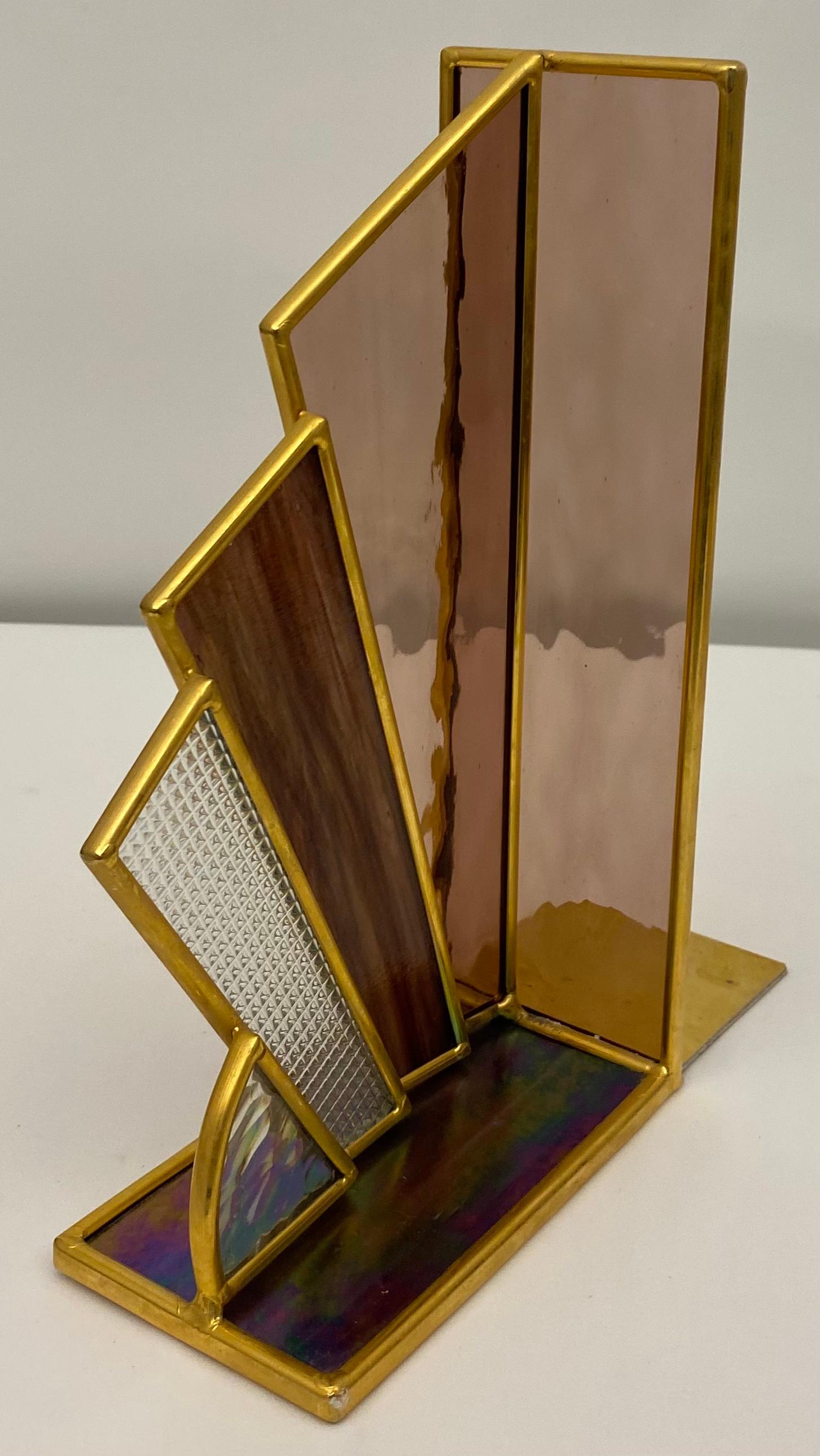 American Pair of Uniquely Designed Stained Glass and Brass Bookends, Un-matching For Sale