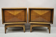 Pair of United Furniture Diamond-Front Nightstands in Carved Walnut, MCM 1960s