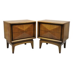 Pair of United Furniture Diamond-Front Nightstands in Carved Walnut, MCM 1960s