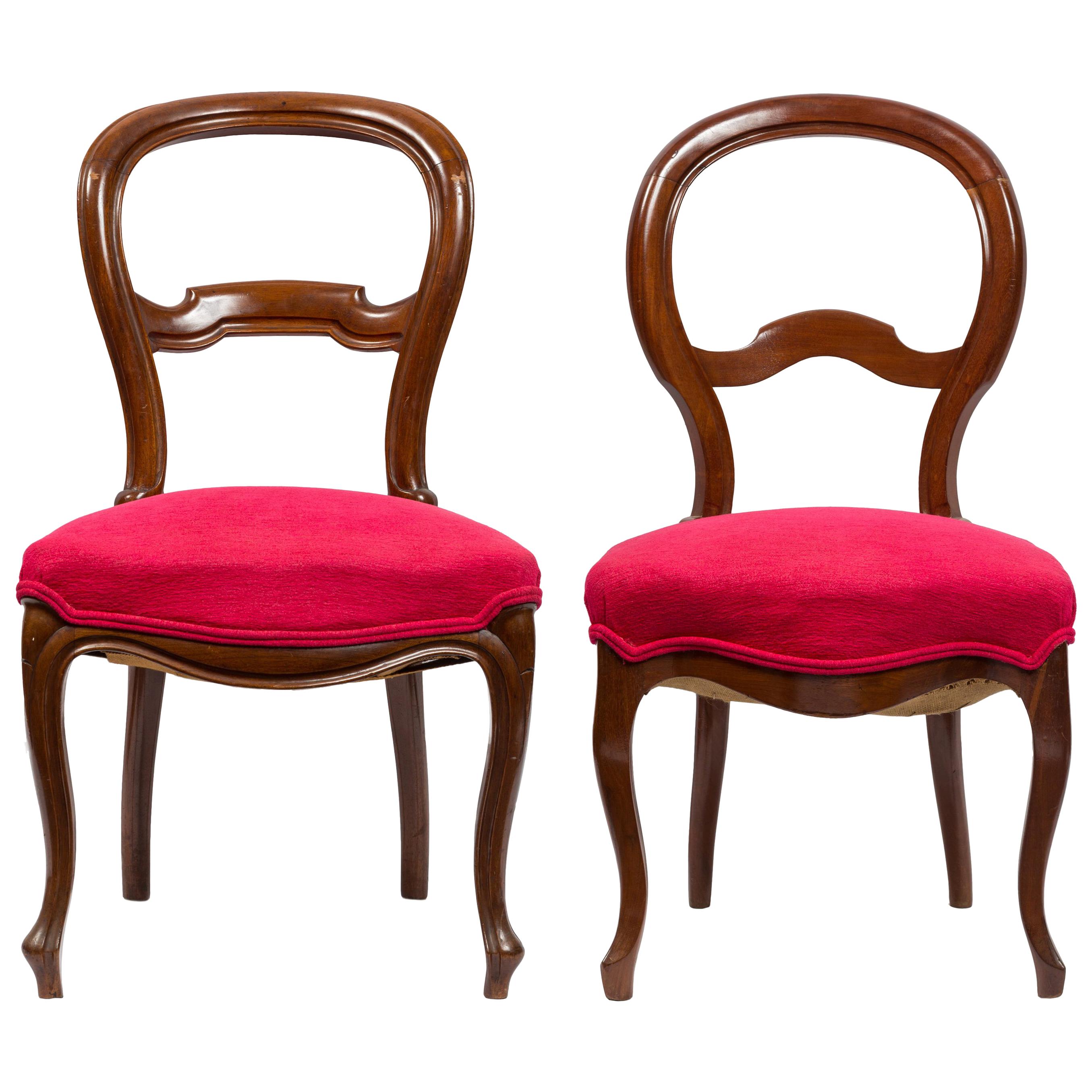 Pair of Unmatched 19th Century Walnut and Magenta Red Fabric Spanish Chairs