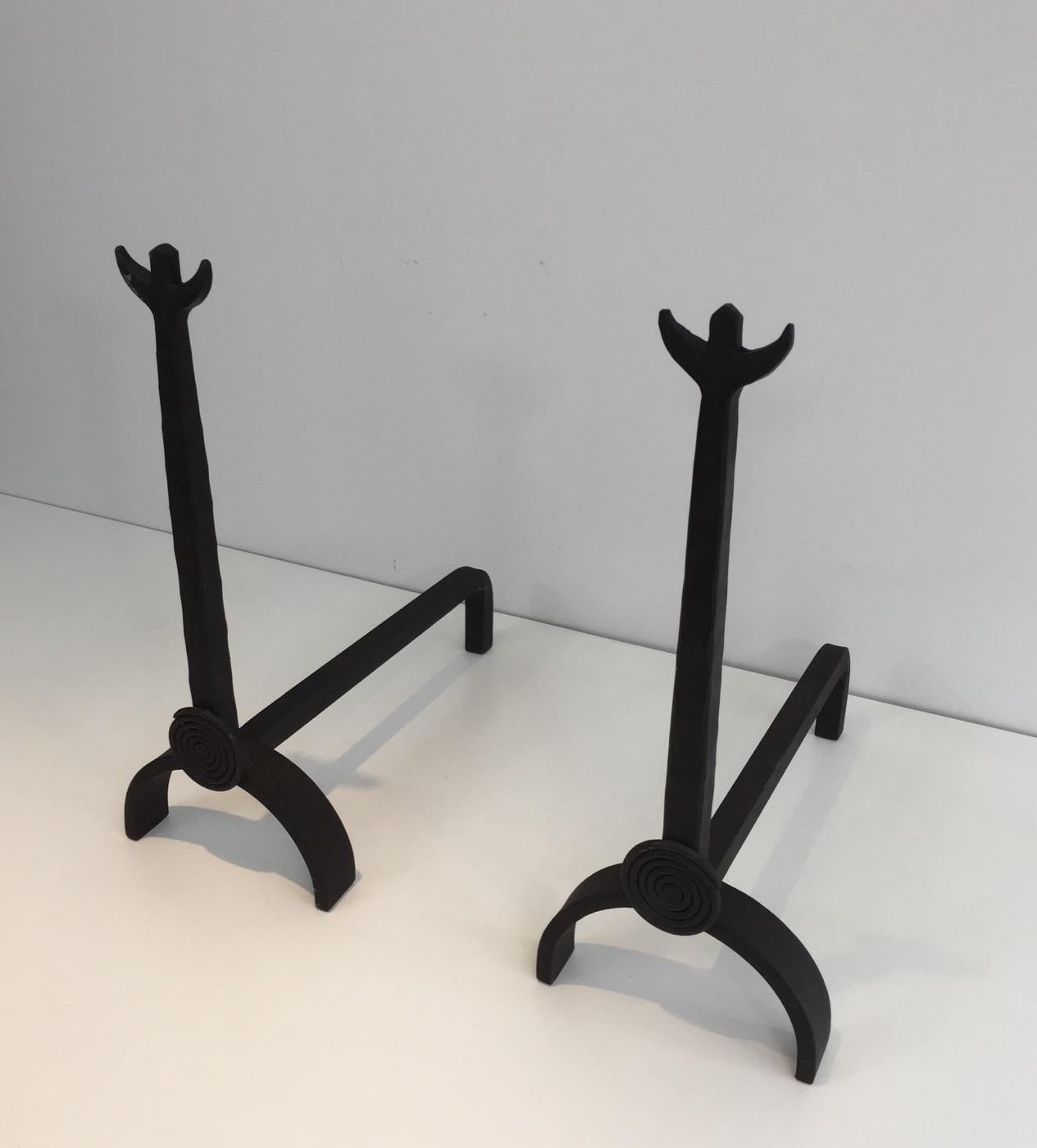 Pair of Unusual Wrought Iron Andirons, French, circa 1970 5