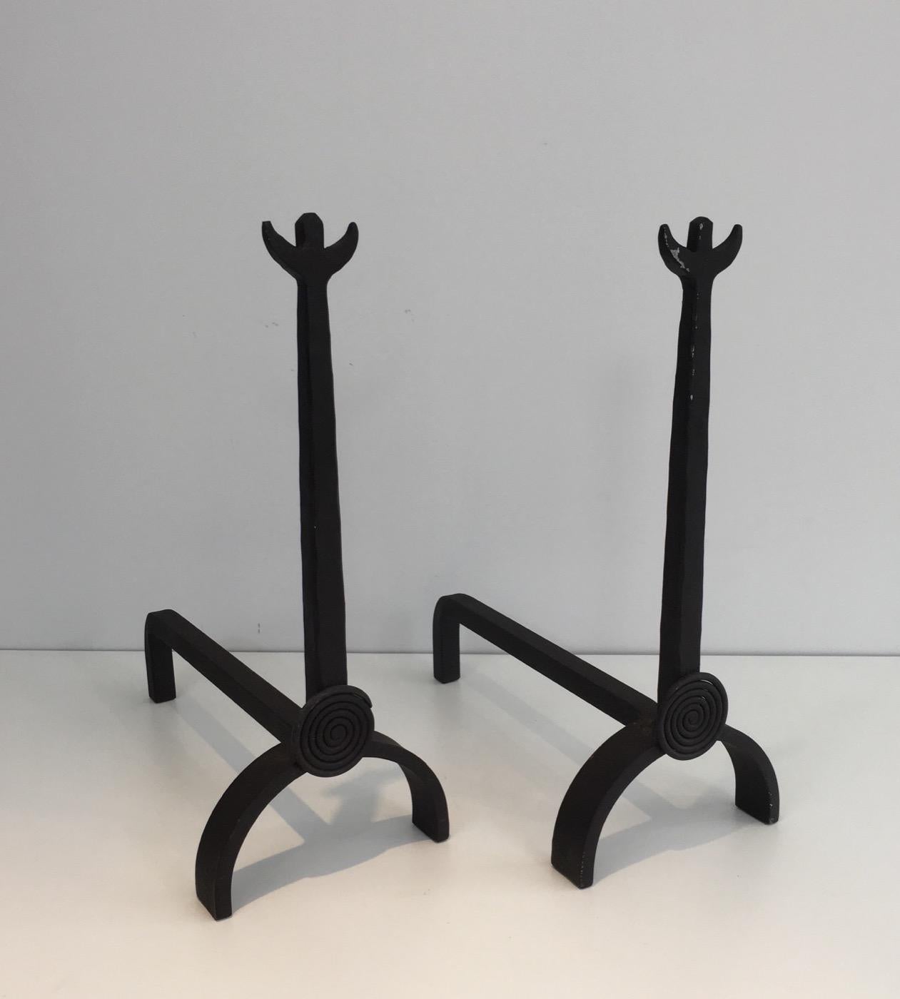 Pair of Unusual Wrought Iron Andirons, French, circa 1970 6