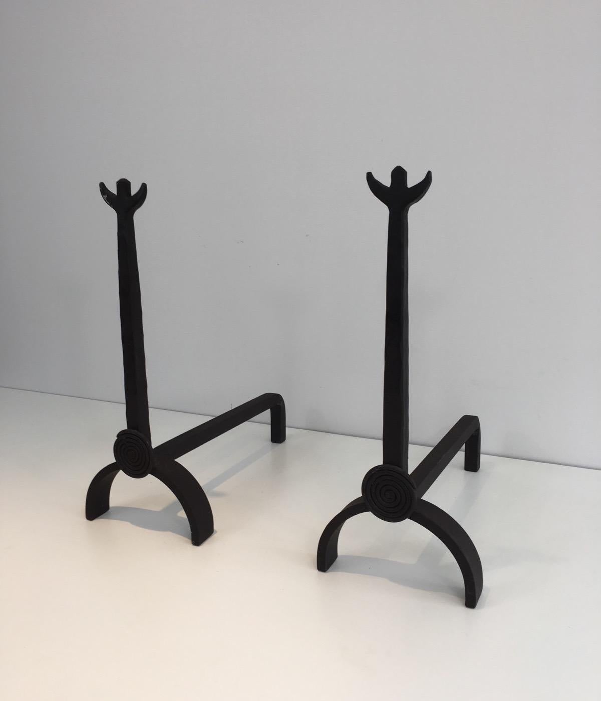 Pair of Unusual Wrought Iron Andirons, French, circa 1970 7