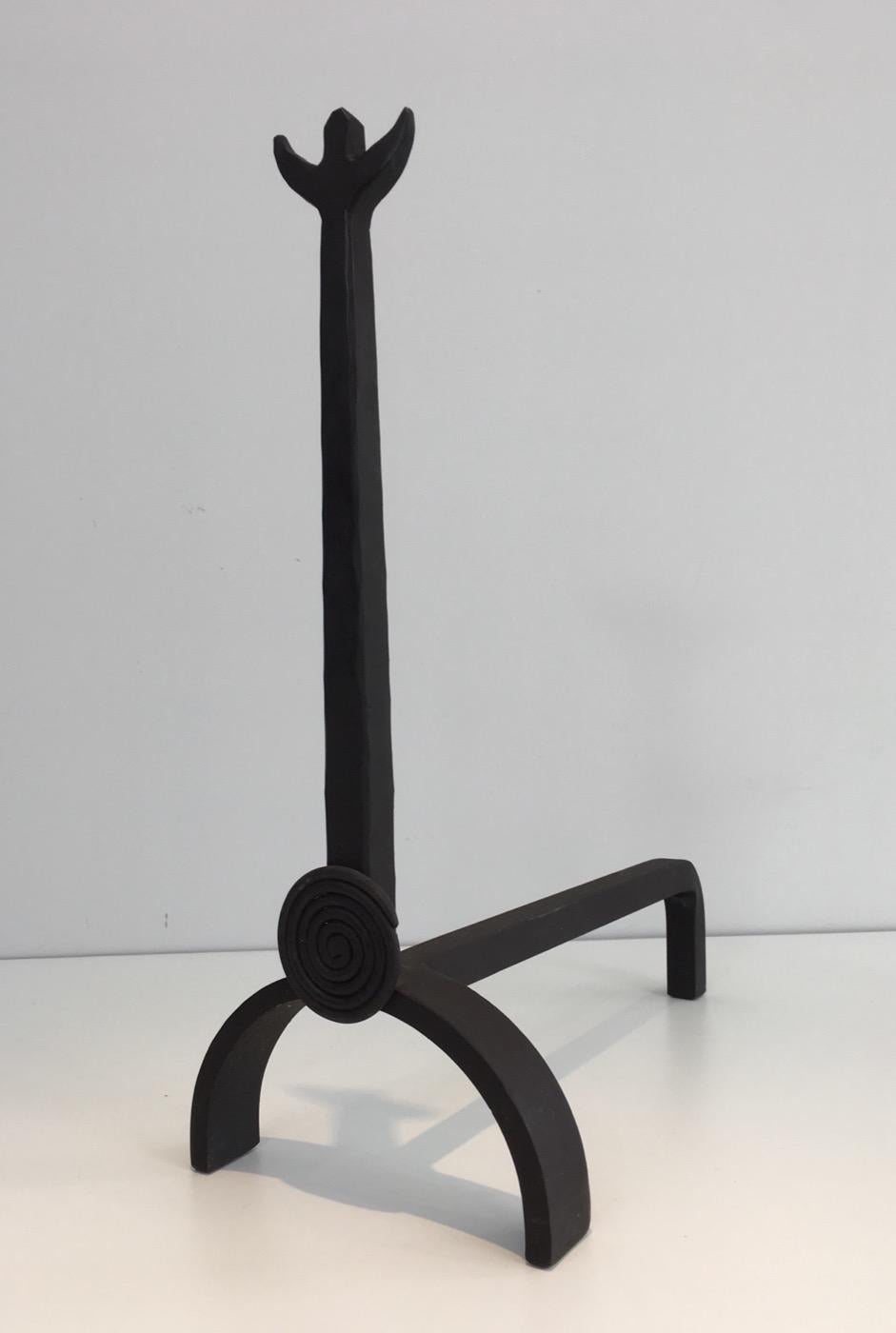 Mid-Century Modern Pair of Unusual Wrought Iron Andirons, French, circa 1970