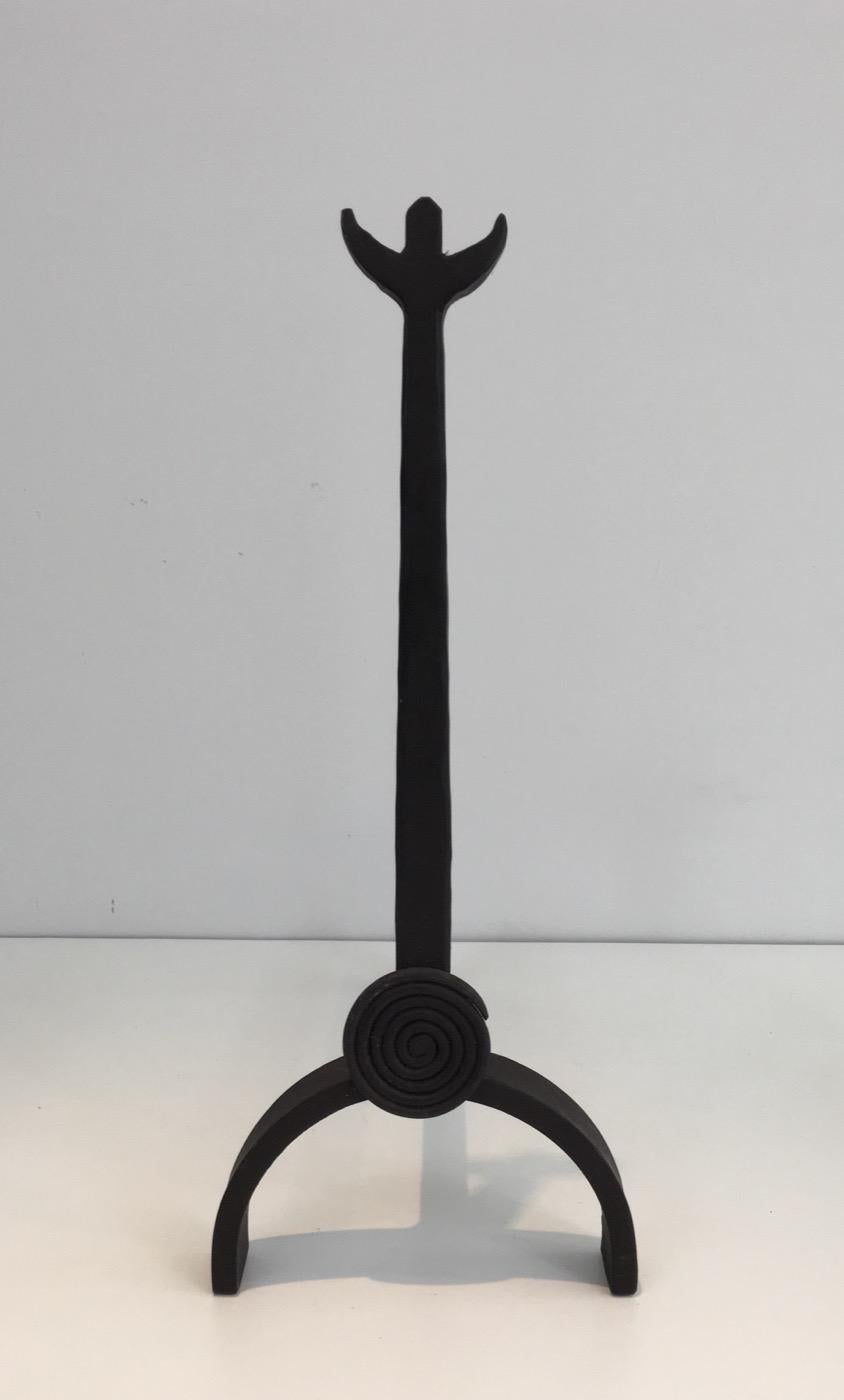 Pair of Unusual Wrought Iron Andirons, French, circa 1970 In Good Condition In Marcq-en-Barœul, Hauts-de-France