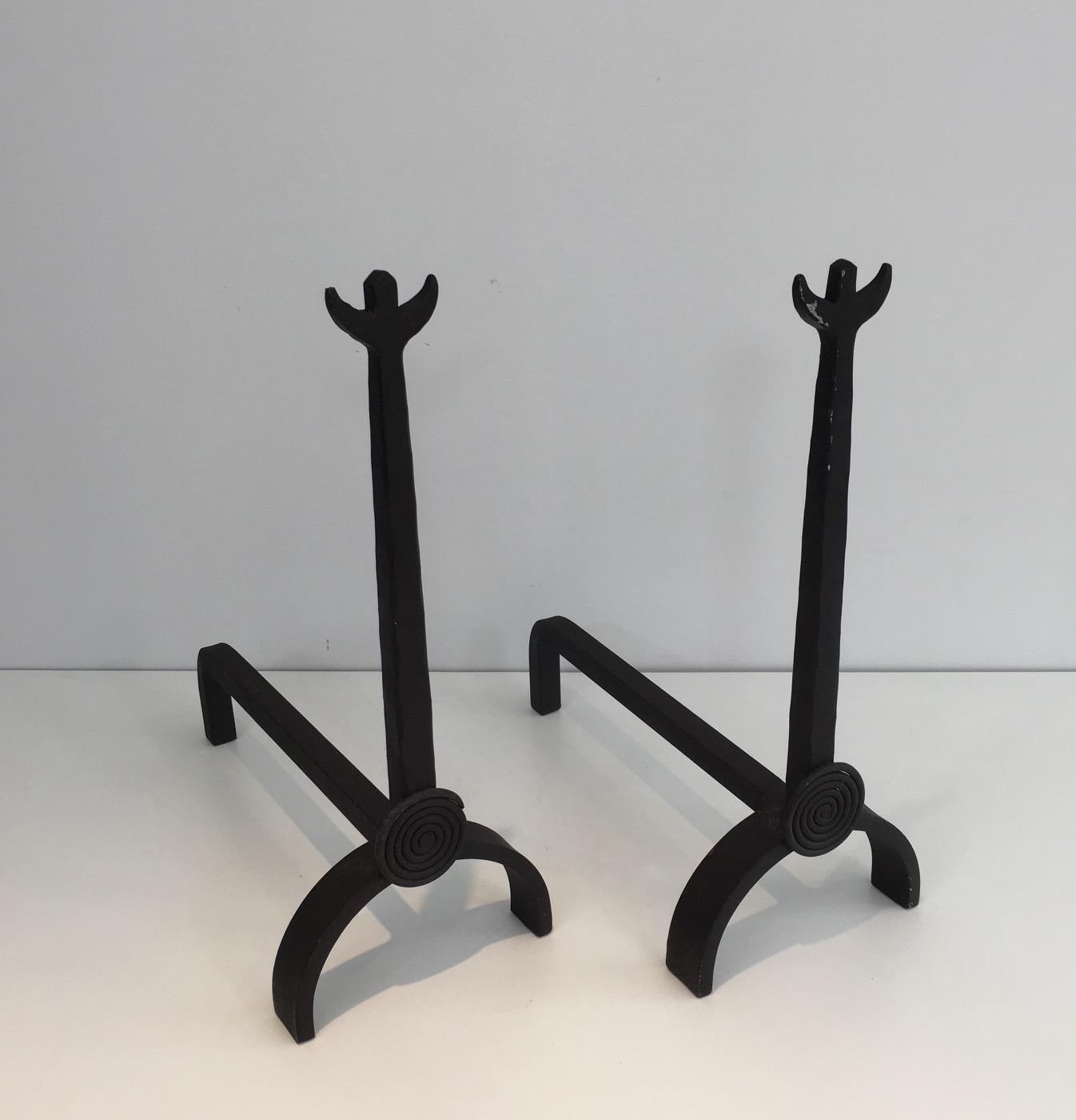 Pair of Unusual Wrought Iron Andirons, French, circa 1970 4