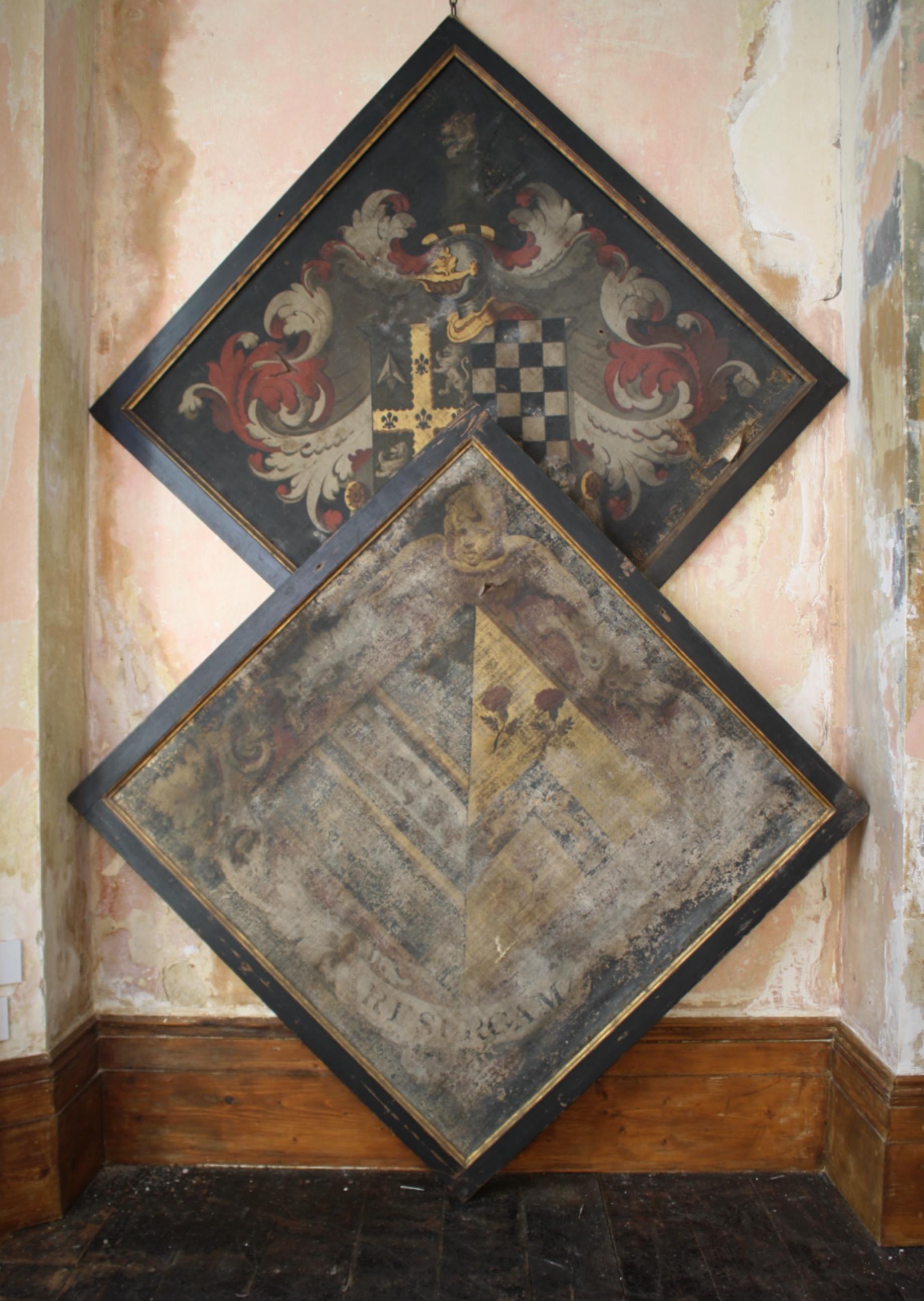 Pair of Untouched 18th Century Funeral Hatchments Coat of Arms Memento Mori 11