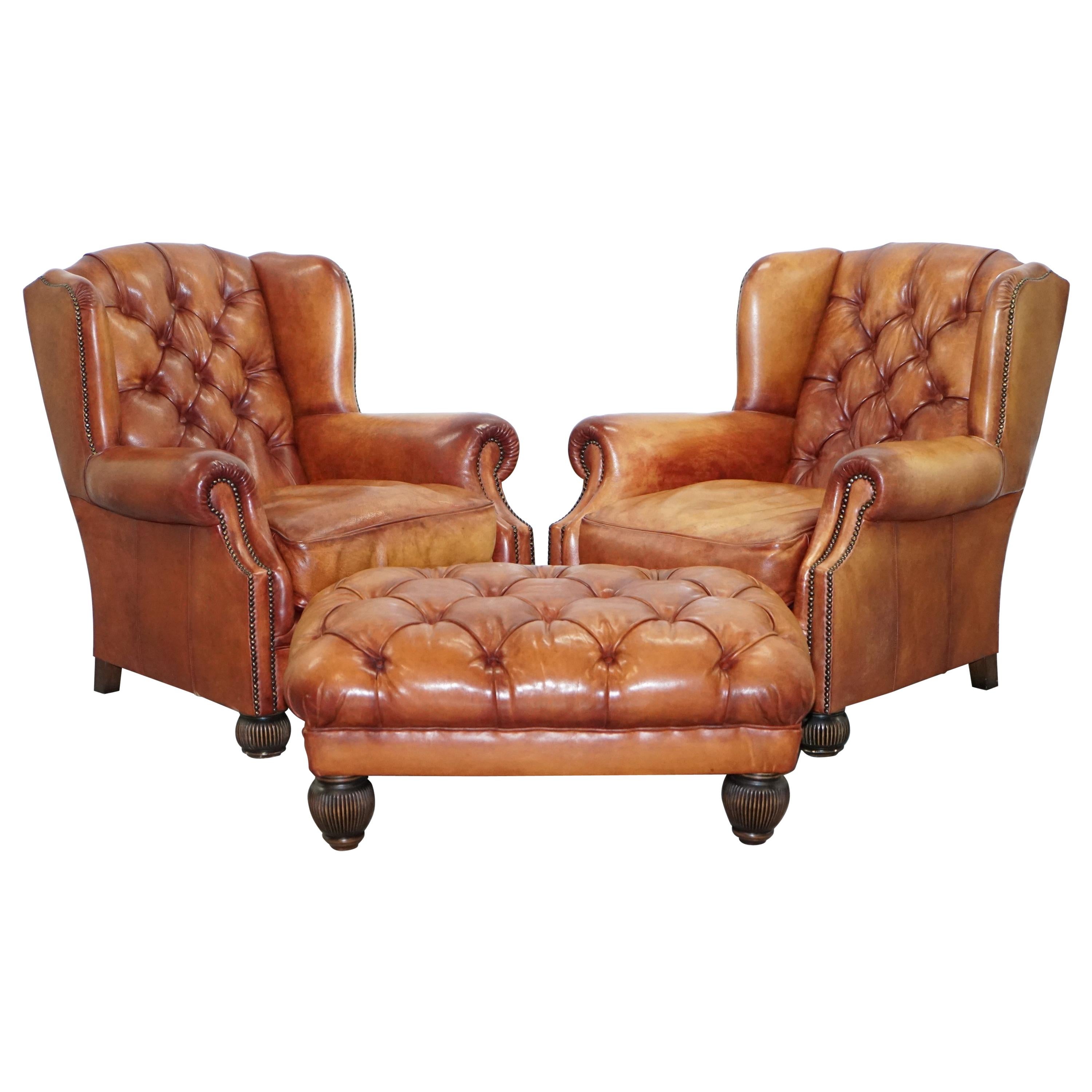 Pair of Unused Chesterfield Tetrad Oskar Brown Leather Armchairs 
Stool Ottoman