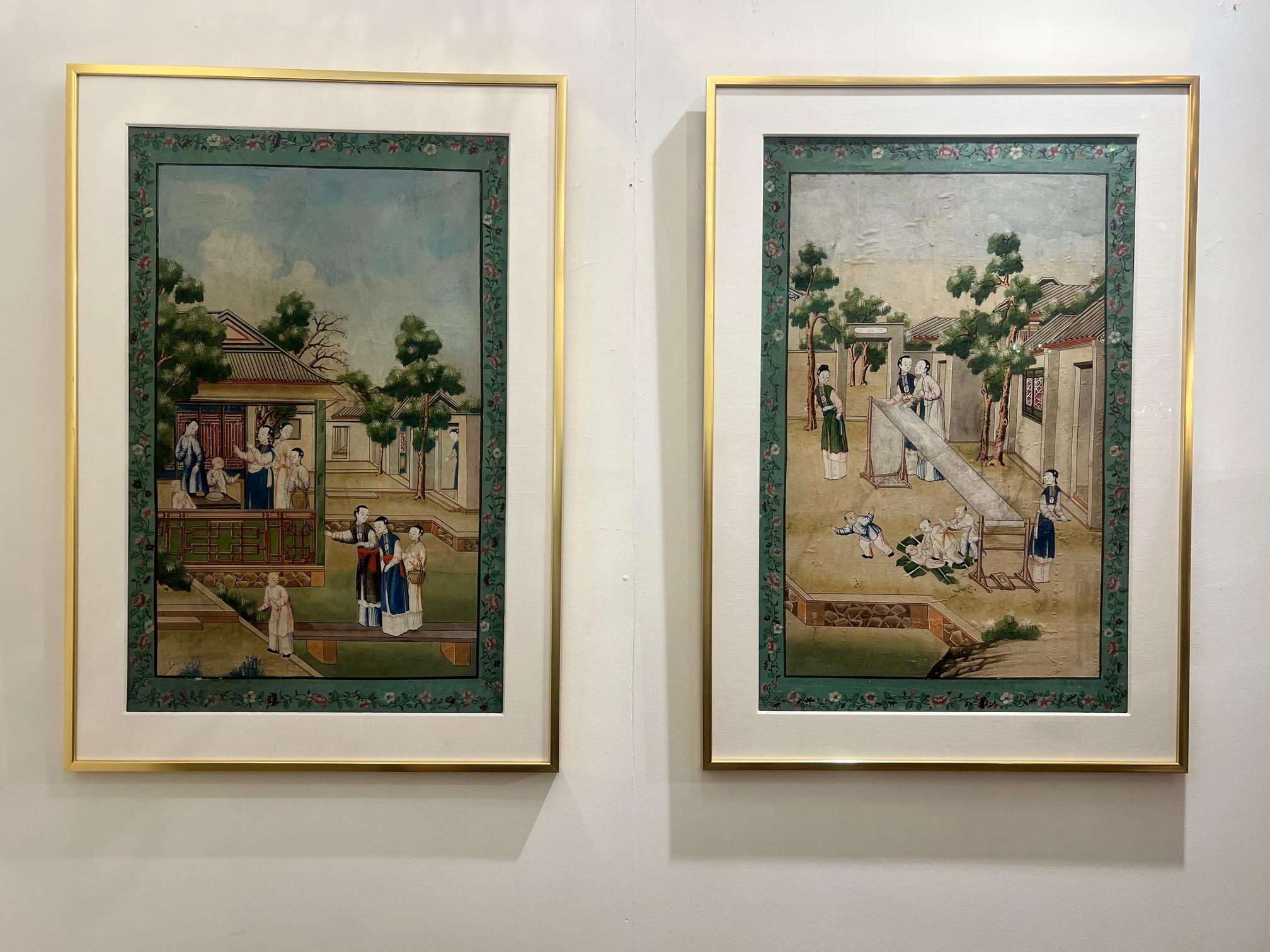 Pair of Unusual 18th c Chinese wallpaper fragments newly framed. Beautiful thick white border.