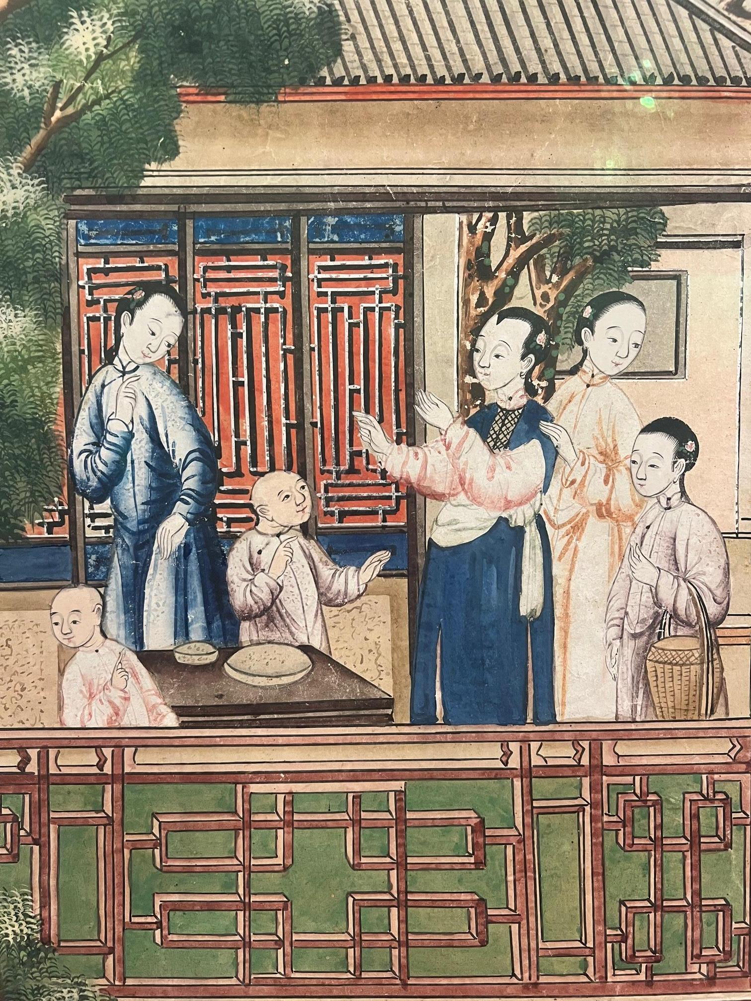 Pair of Unusual 18th c Chinese Wallpaper Fragments In Fair Condition In Houston, TX