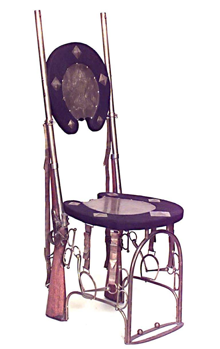 Pair of English Victorian (19/20th Cent) military style brass high back side chairs with rifle design and horseshoe seat and back

