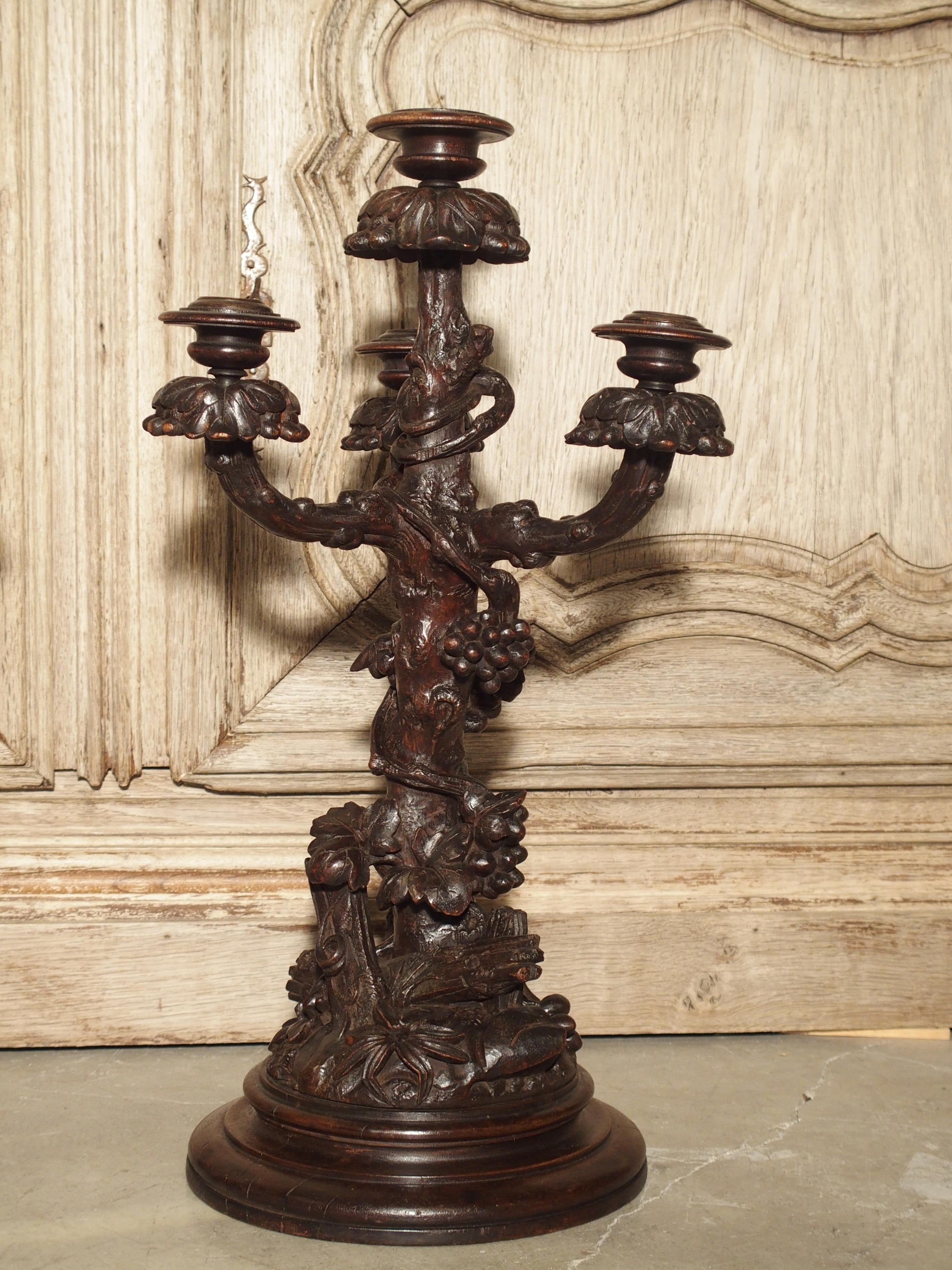 Hand-Carved Pair of Unusual 19th Century Black Forest Candelabras