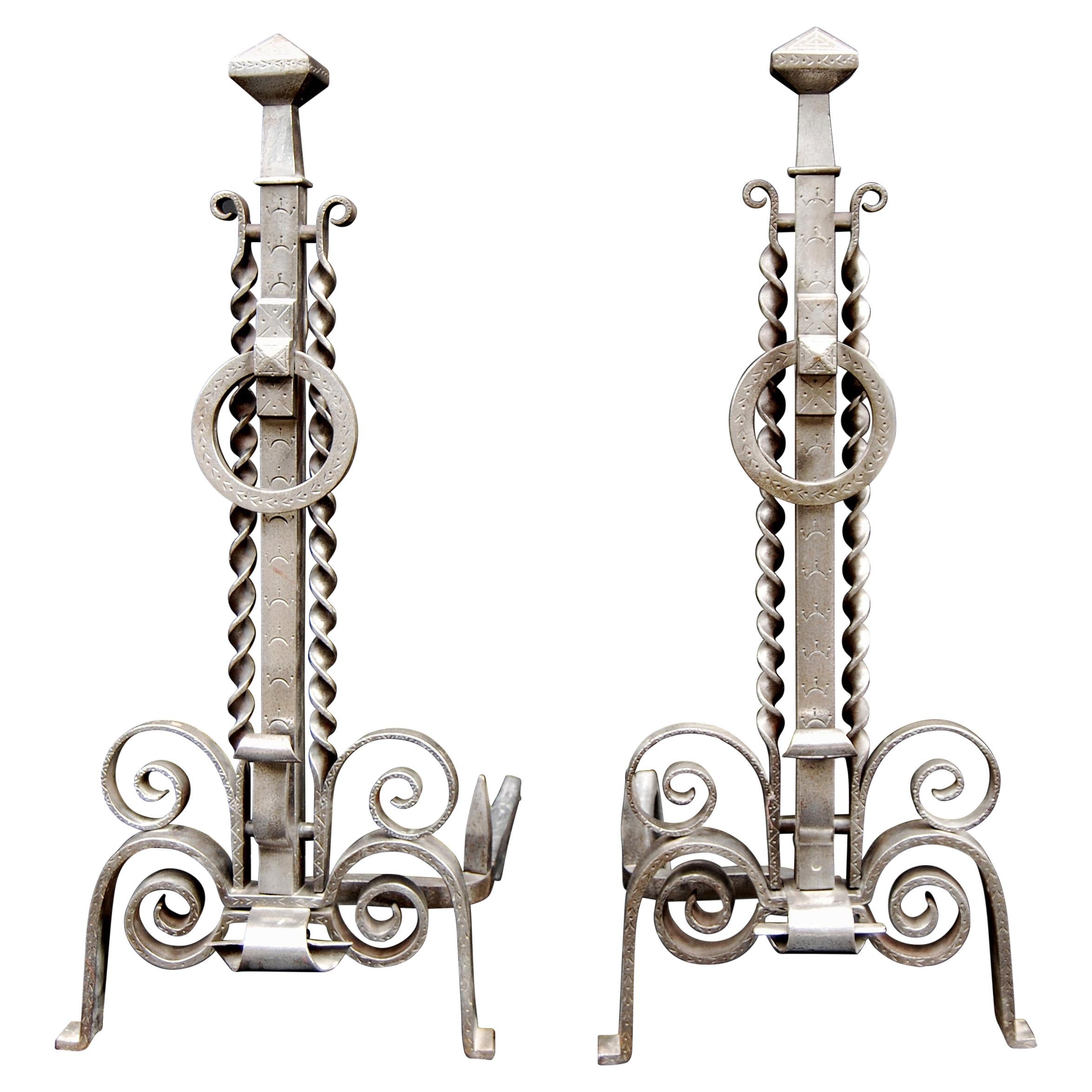 Pair of Unusual 19th Century English Steel Firedogs For Sale