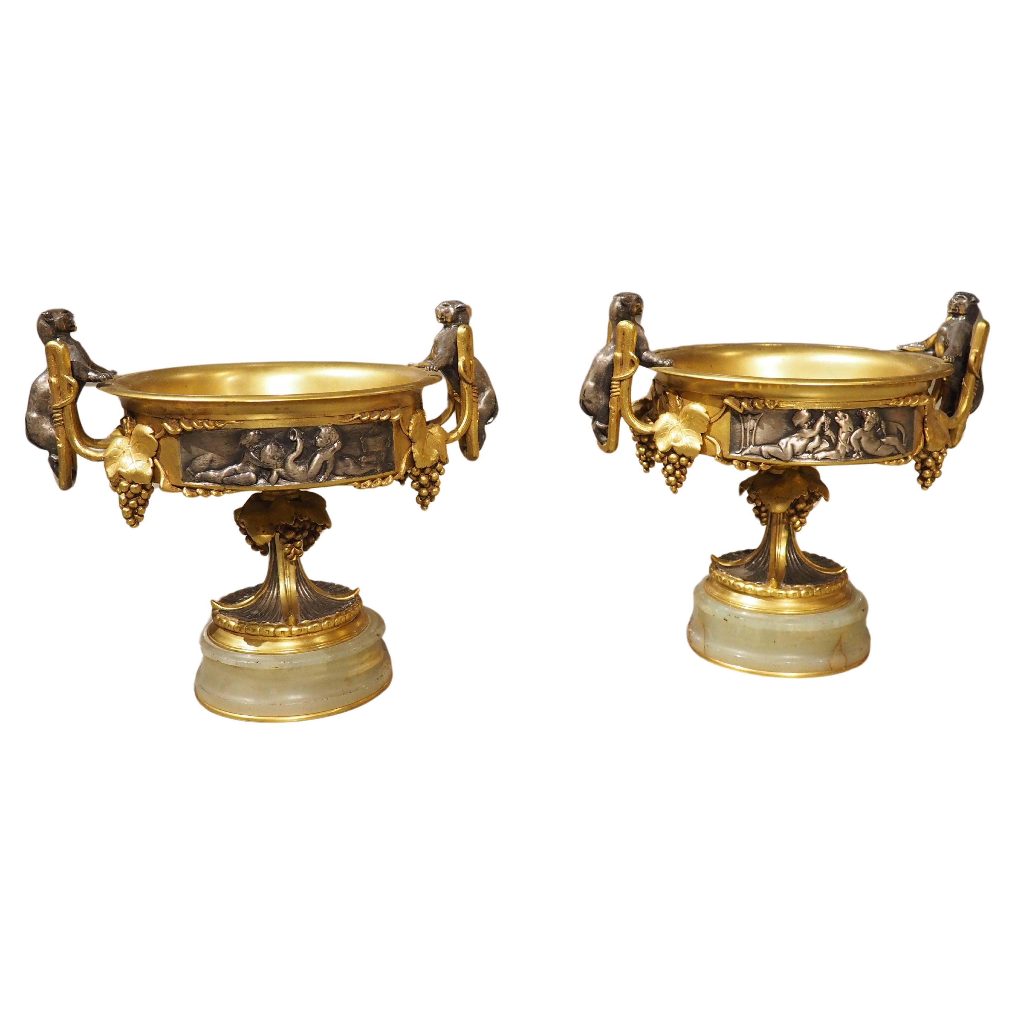 Pair of Unusual 19th Century French Bronze Tazzas, Décor Panthère