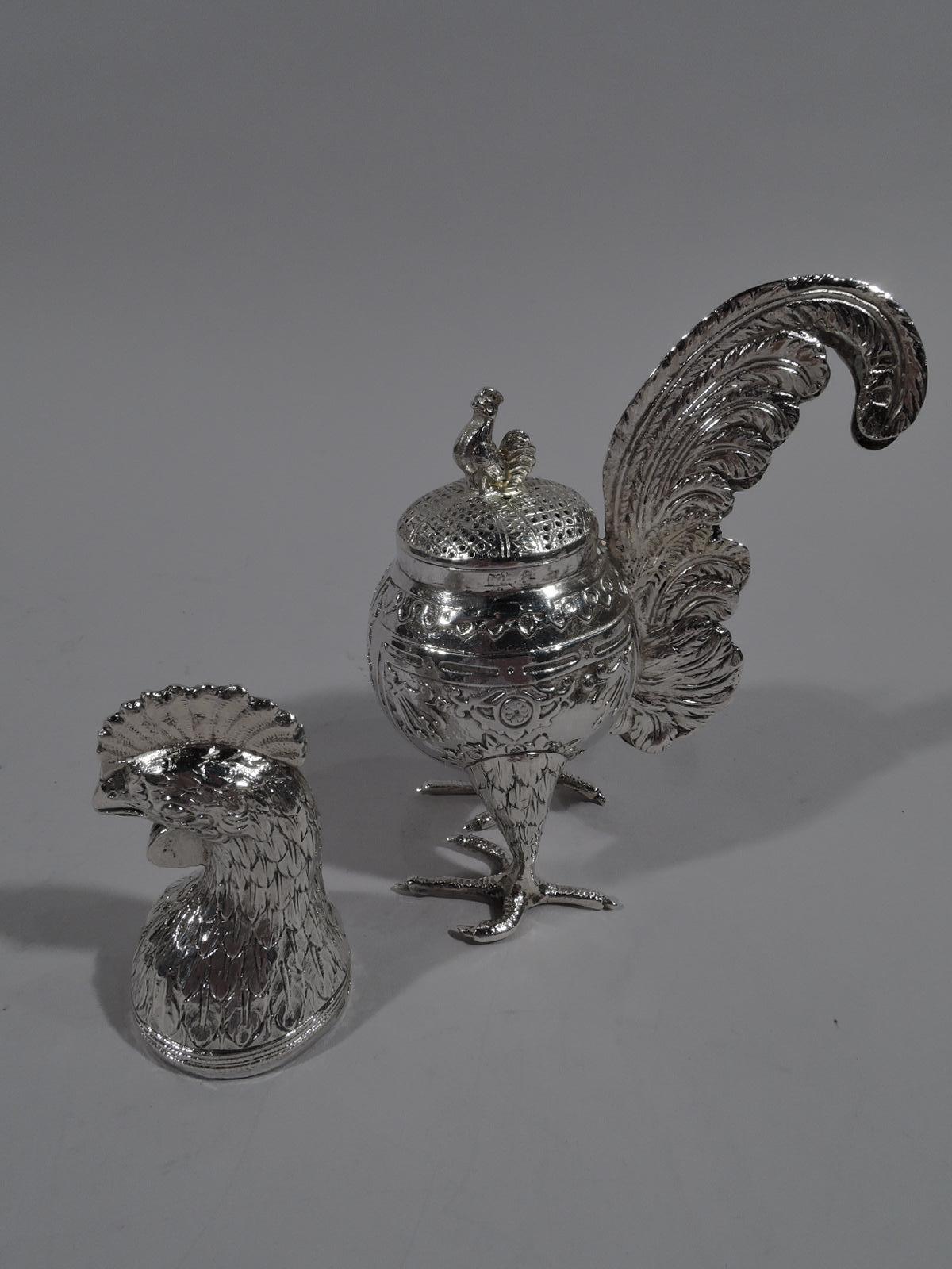 Edwardian Pair of Unusual and Delightful Sterling Silver Rooster Spice Boxes