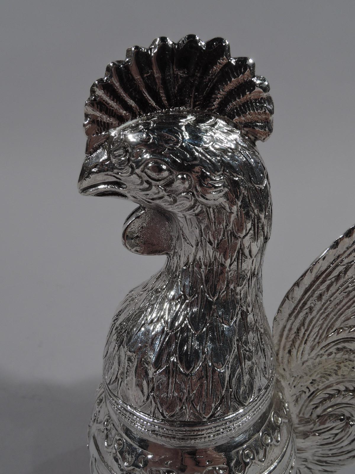 German Pair of Unusual and Delightful Sterling Silver Rooster Spice Boxes