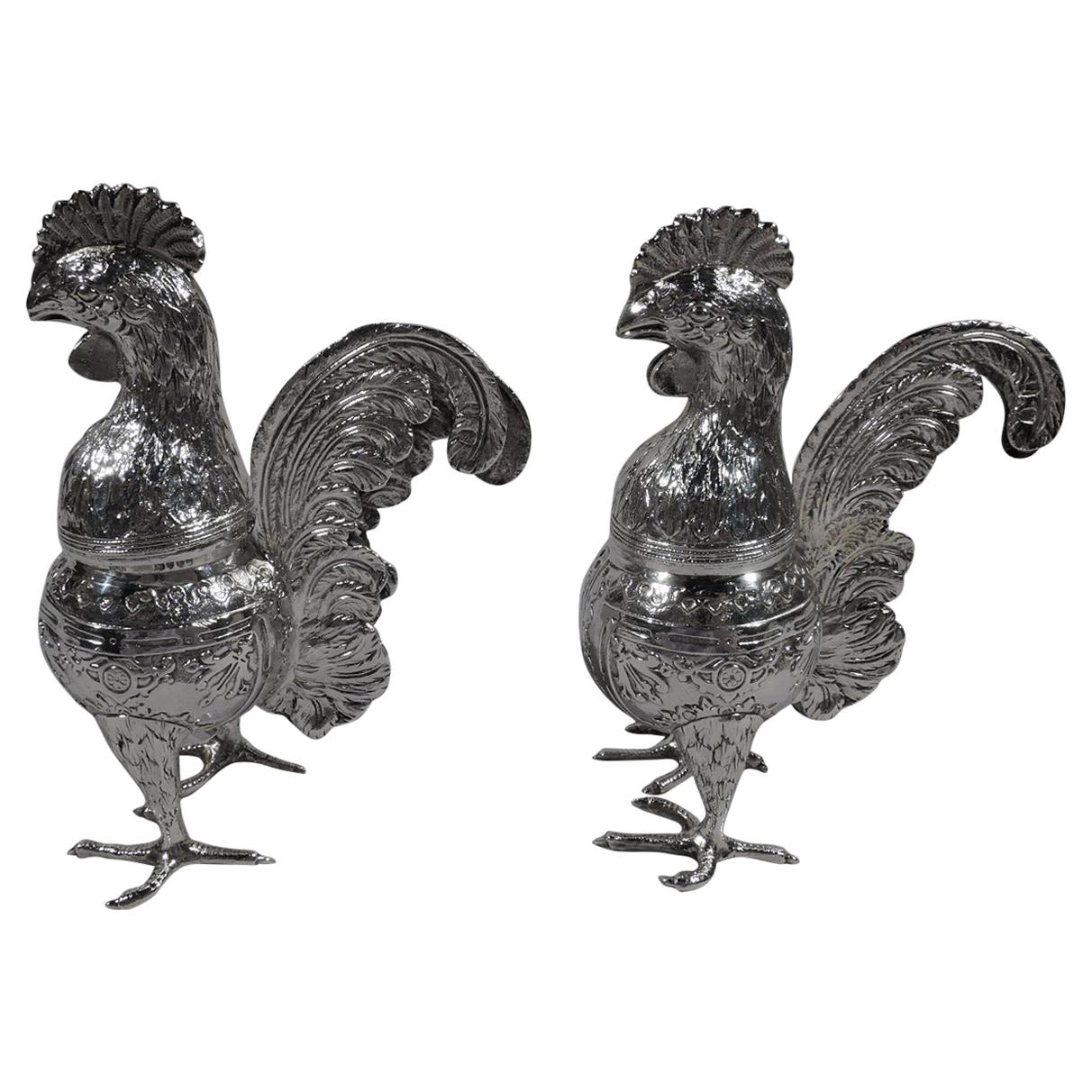 Pair of Unusual and Delightful Sterling Silver Rooster Spice Boxes