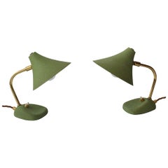 Pair of unusual apple green enamel and brass desk lamps