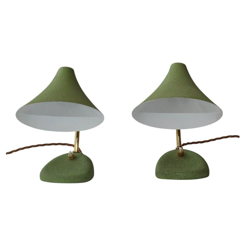 Pair of unusual apple green enamel and brass desk lamps
