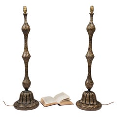 Antique Pair of Unusual & Attractive Brass Tall Painted Engraved Lamps