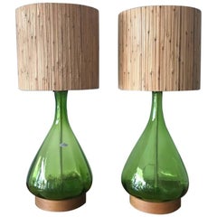 Paar ungewöhnliche Blenko-Lampen aus olivgrünem Glas