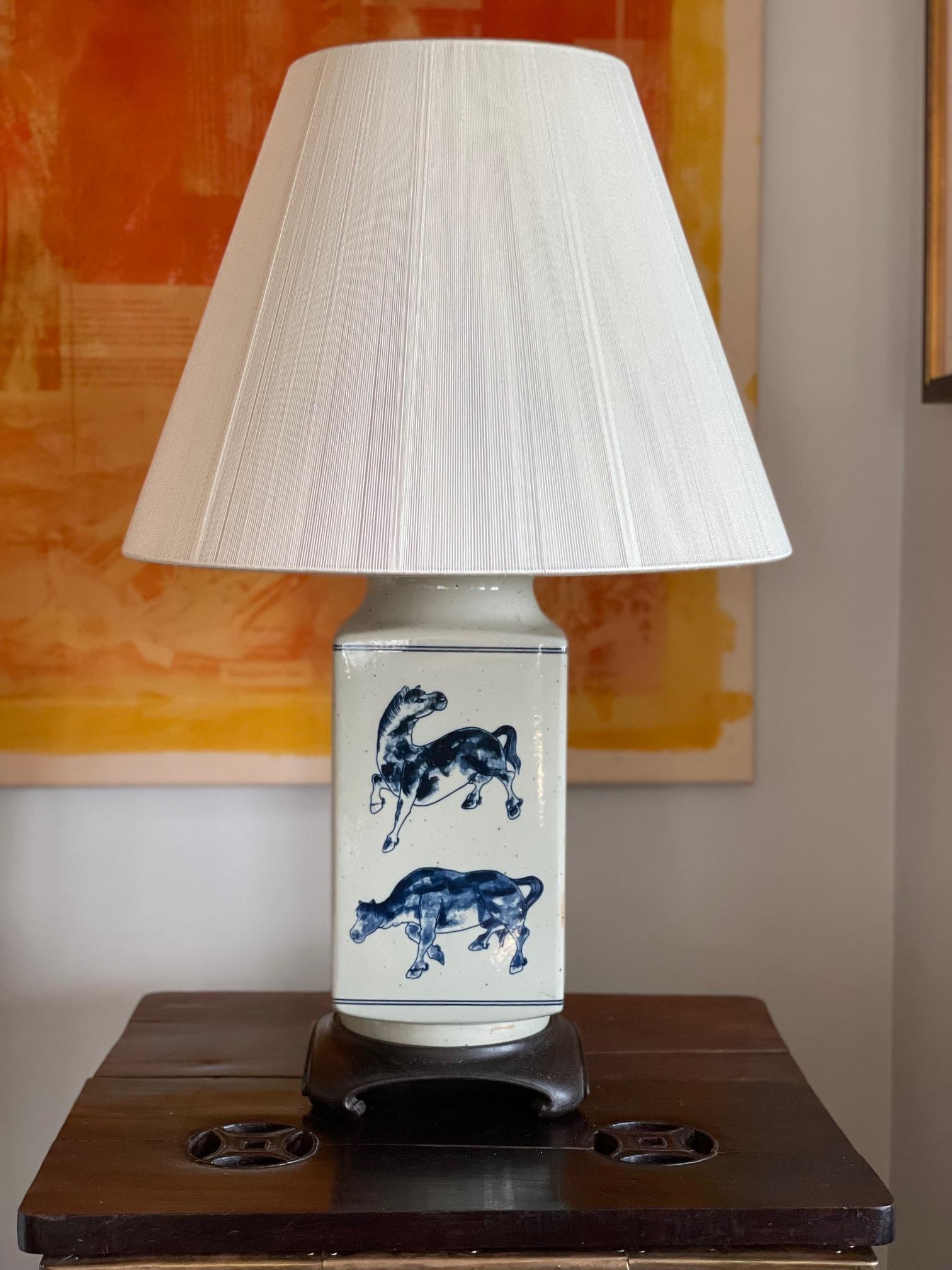 Pair of Unusual 20th century blue and white lamps, rectangular form, abstract horse design
Measures: 7