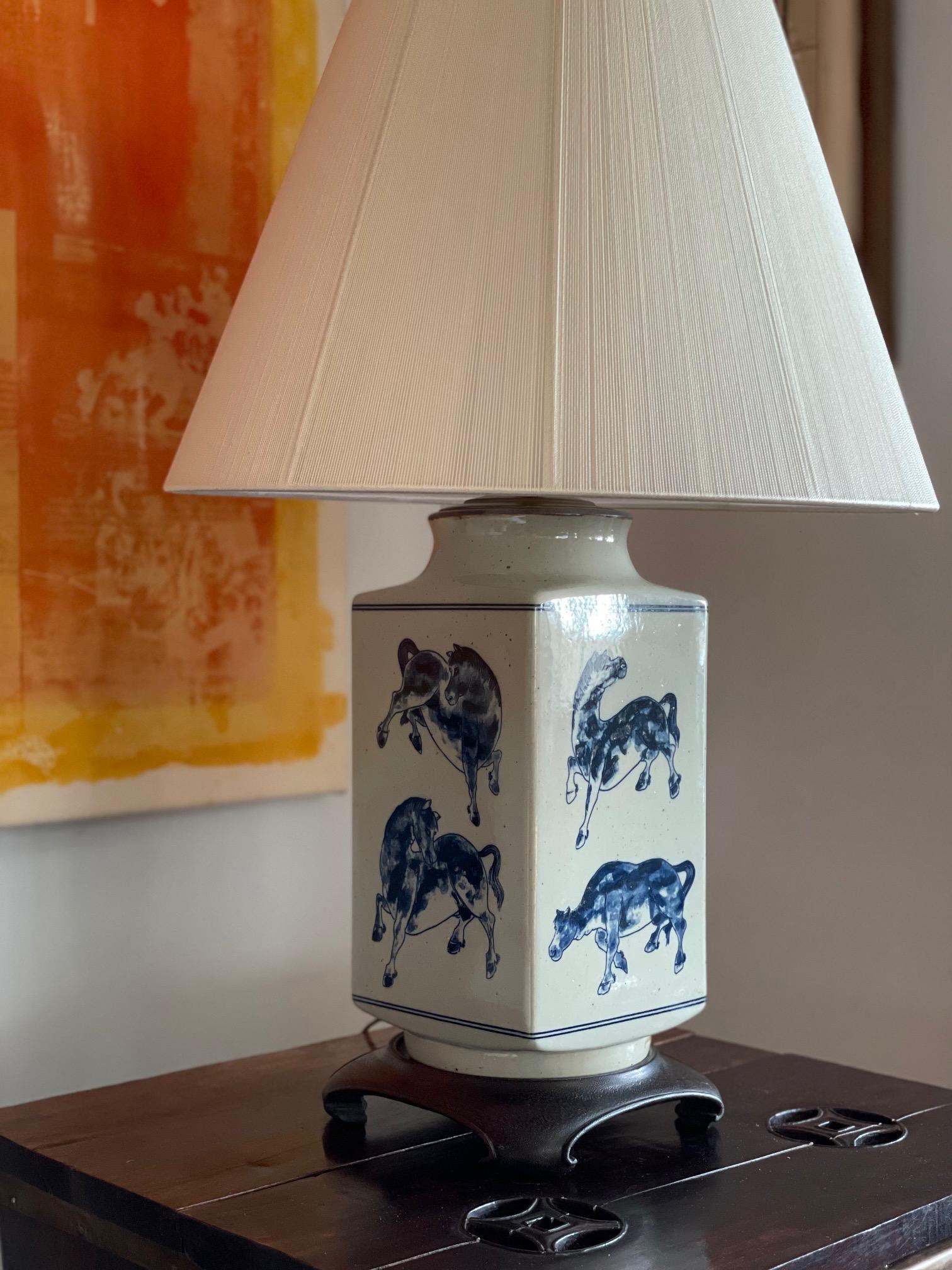 Chinoiserie Pair of Unusual Blue and White Lamps, Rectangular Form, Abstract Horse Design
