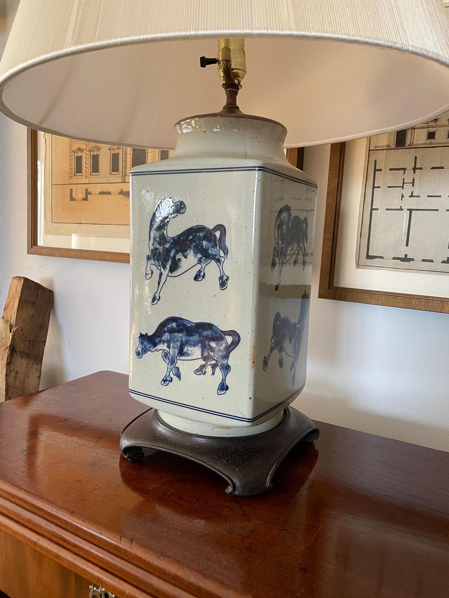 Chinese Pair of Unusual Blue and White Lamps, Rectangular Form, Abstract Horse Design