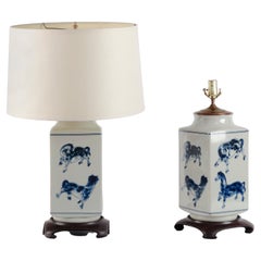 Pair of Unusual Blue and White Lamps, Rectangular Form, Abstract Horse Design