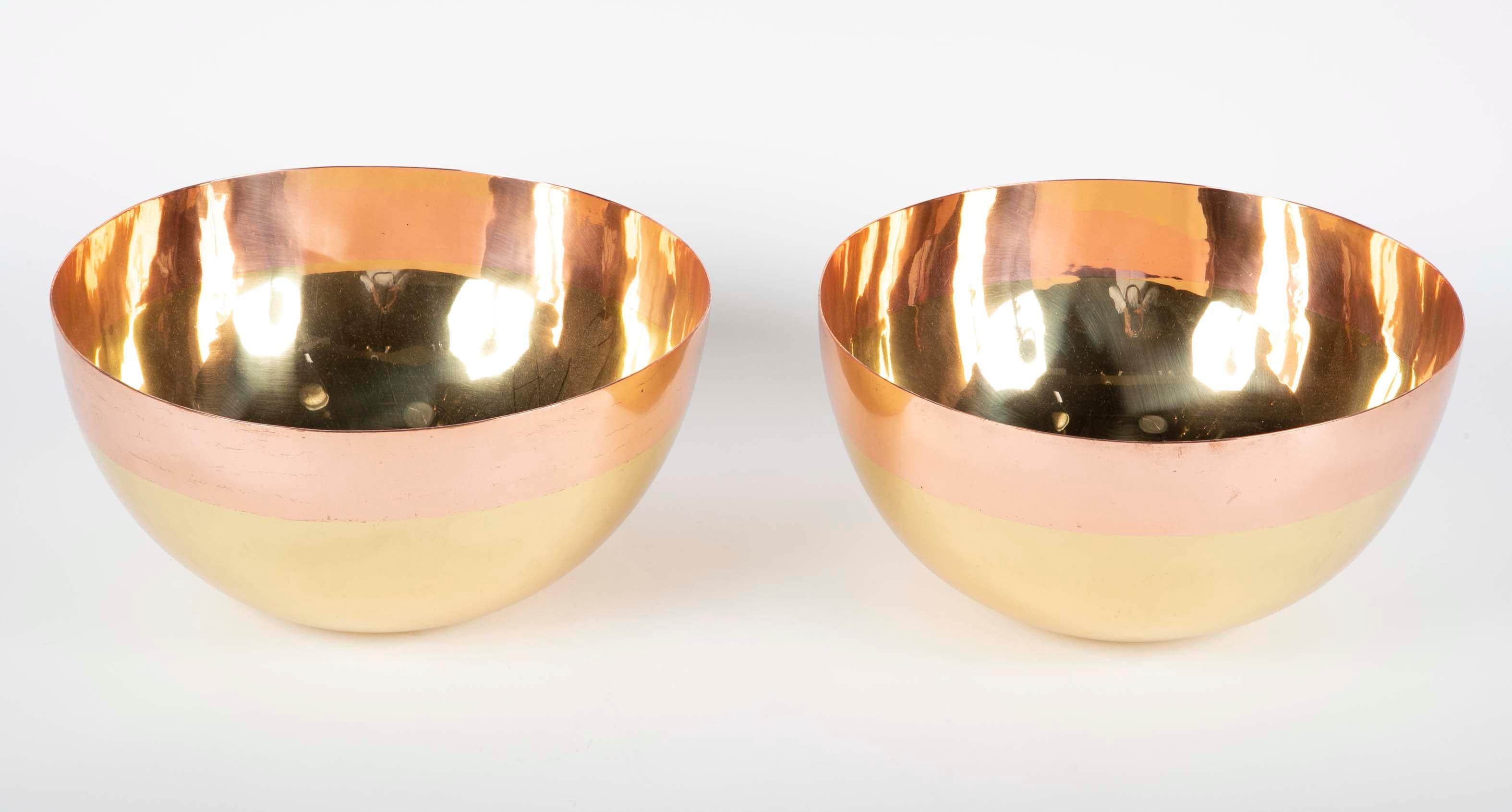 Pair of unusual brass & copper overlay bowls, circa 1920 - 1930.