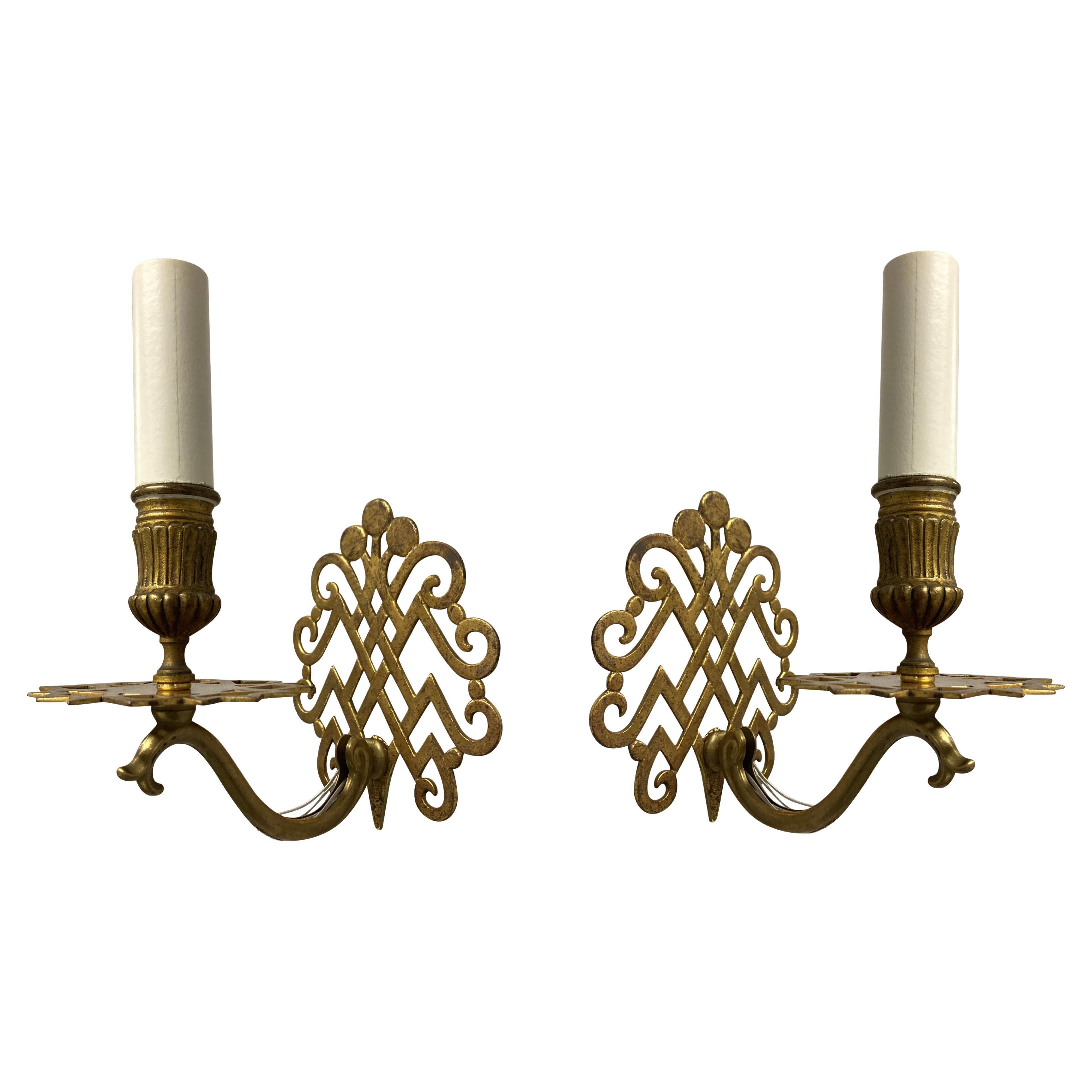Pair Of Unusual Brass Single Arm Wall Sconces