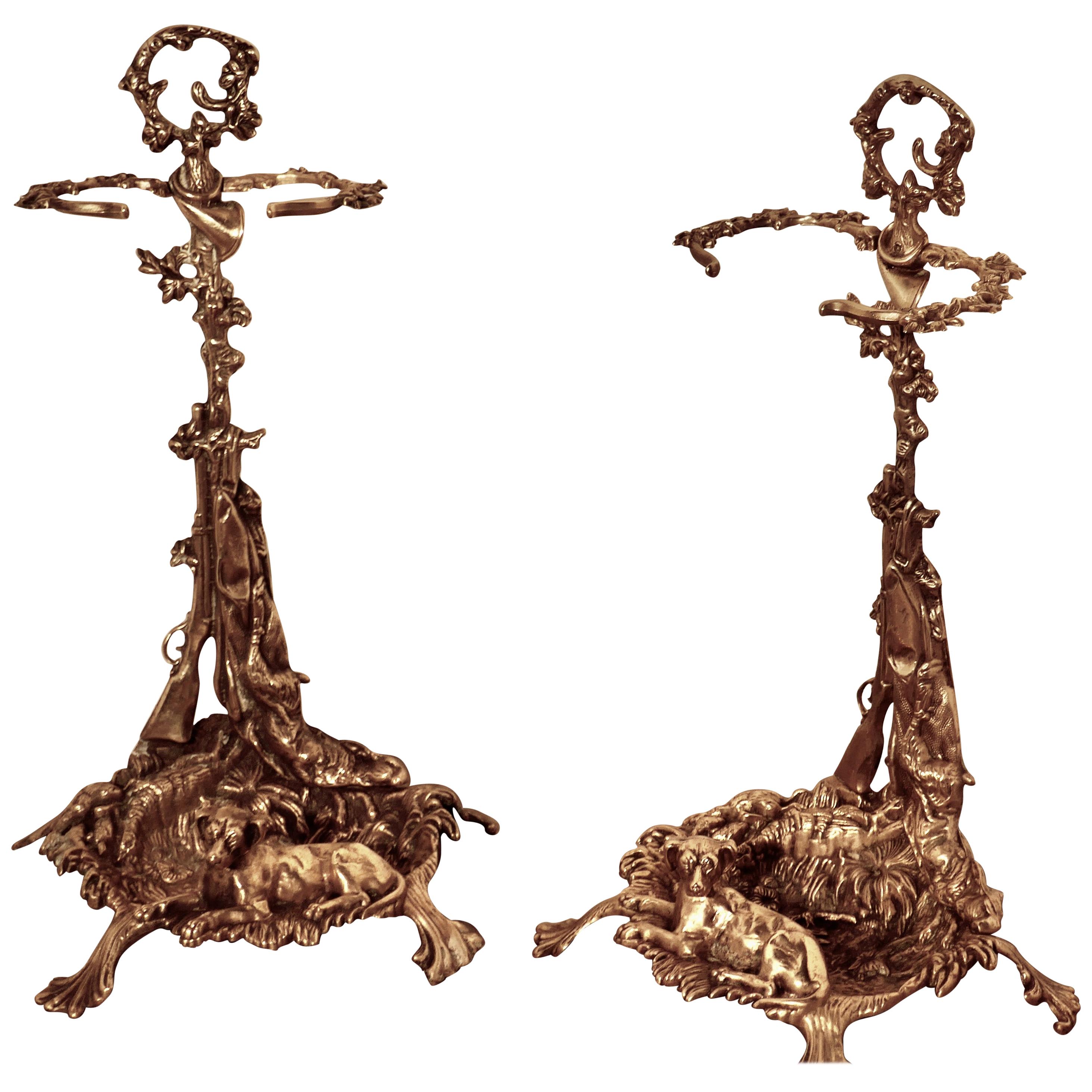 Pair of Unusual French Hunting Theme 'Chasse' Brass Stick Stands